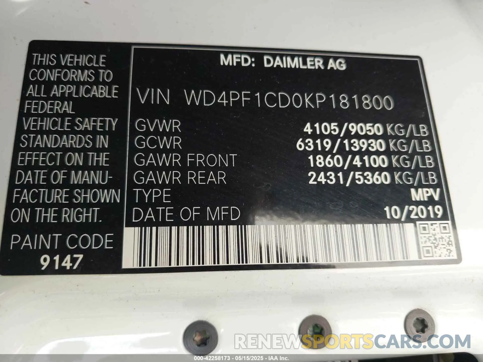 9 Photograph of a damaged car WD4PF1CD0KP181800 MERCEDES-BENZ SPRINTER 2500 2019