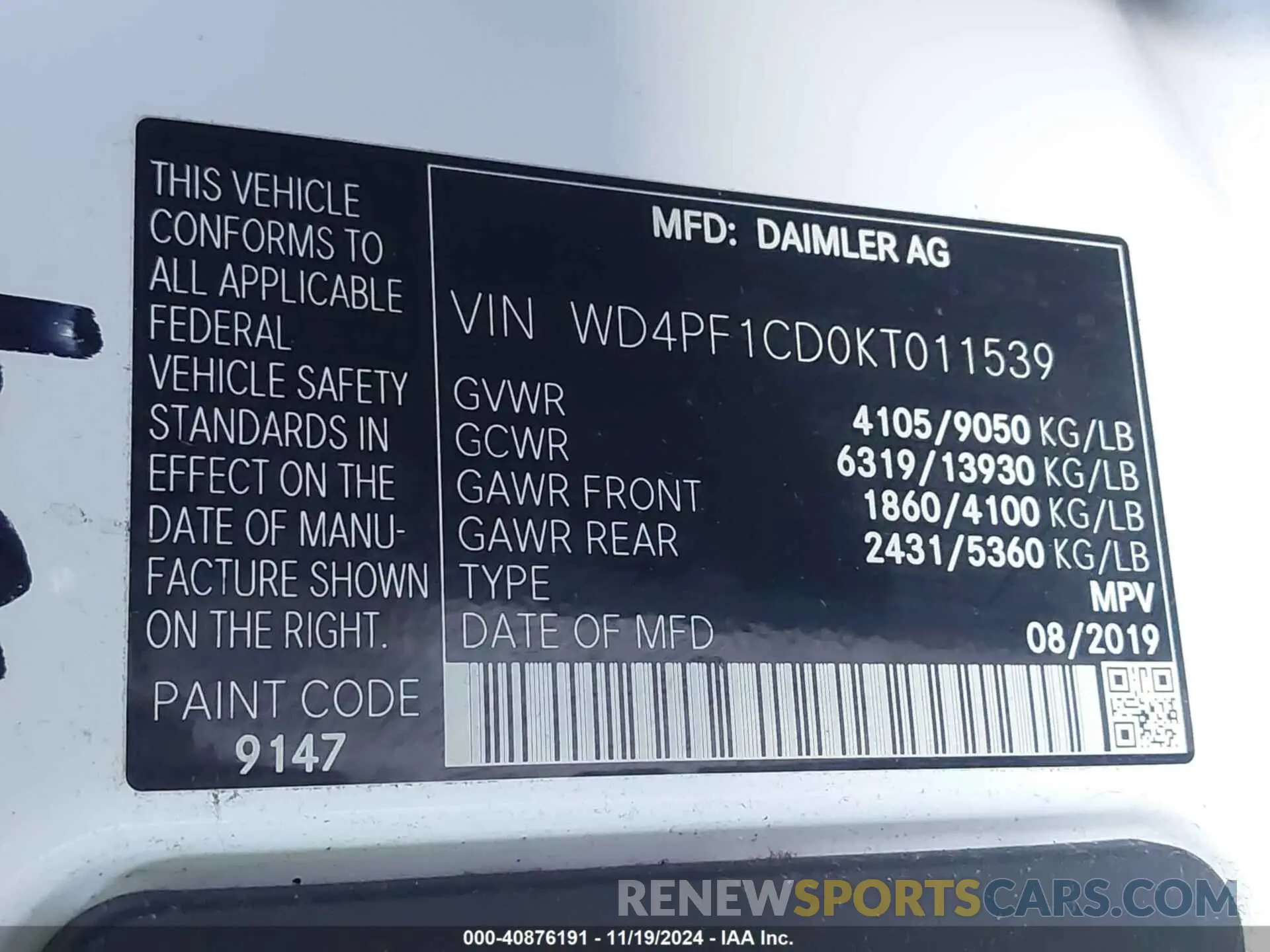 9 Photograph of a damaged car WD4PF1CD0KT011539 MERCEDES-BENZ SPRINTER 2500 2019