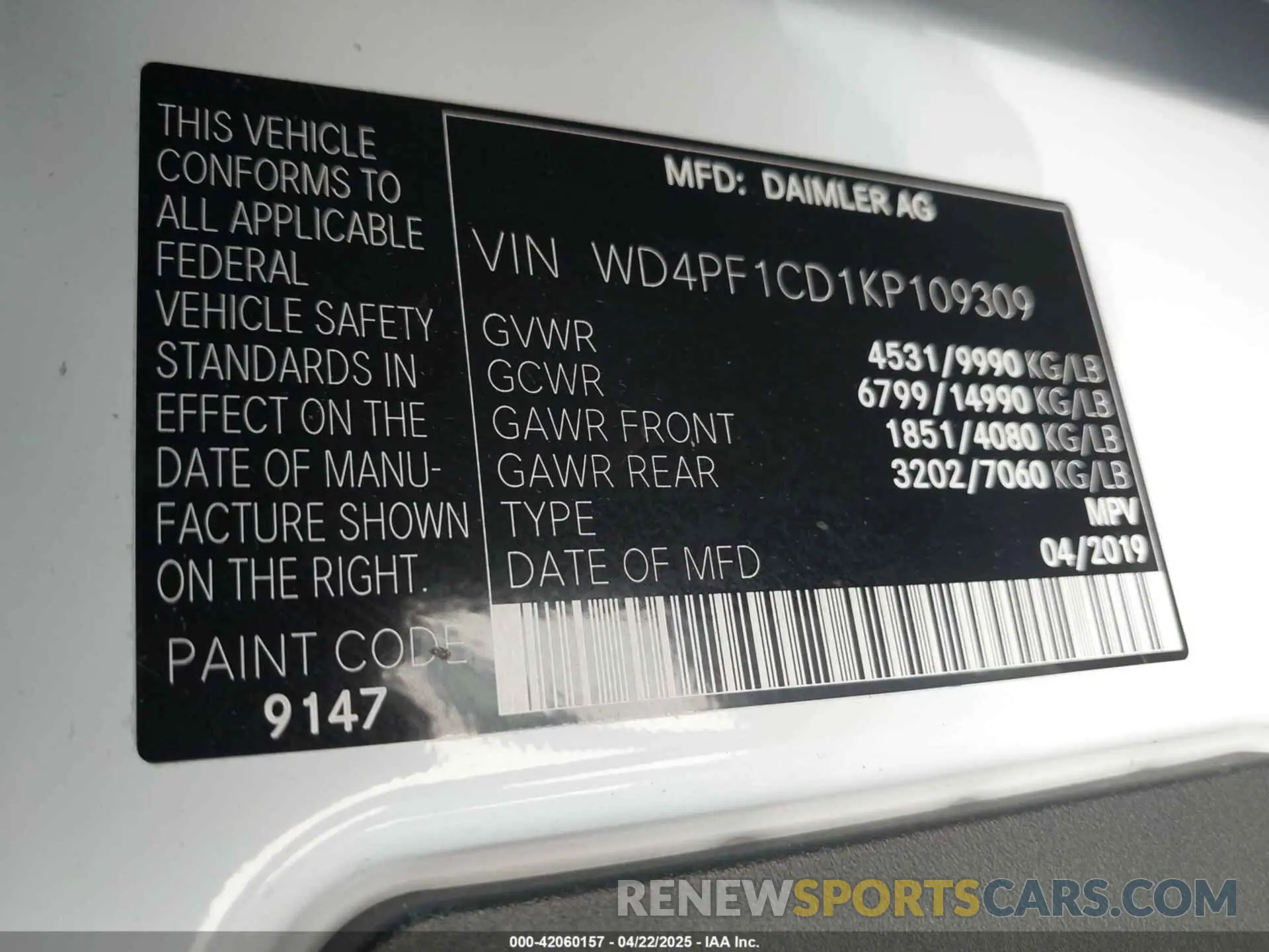 9 Photograph of a damaged car WD4PF1CD1KP109309 MERCEDES-BENZ SPRINTER 2500 2019
