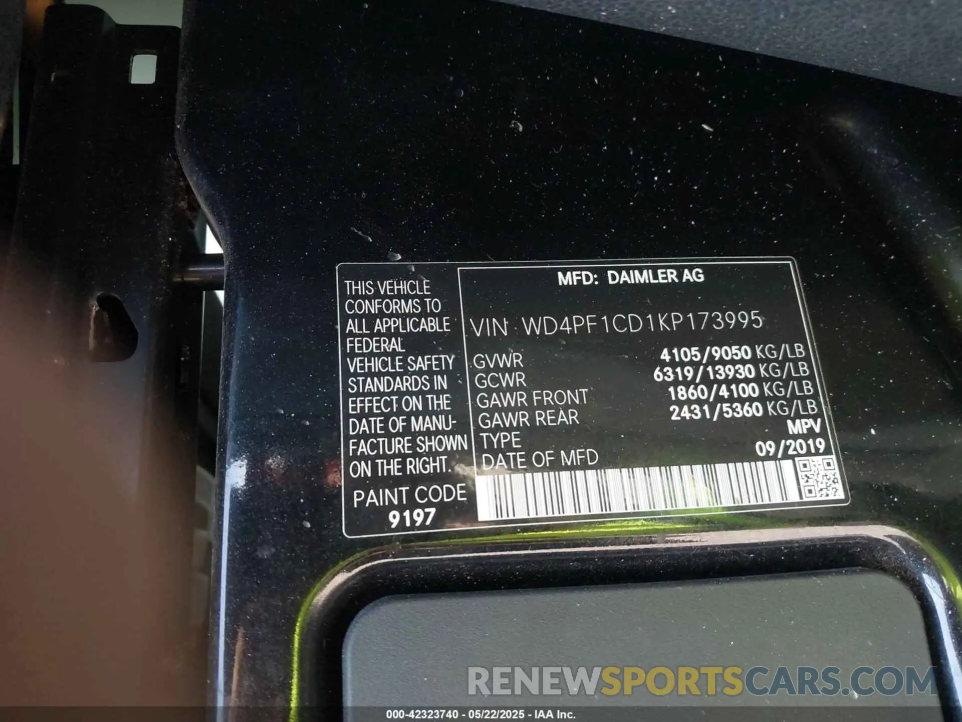 9 Photograph of a damaged car WD4PF1CD1KP173995 MERCEDES-BENZ SPRINTER 2500 2019