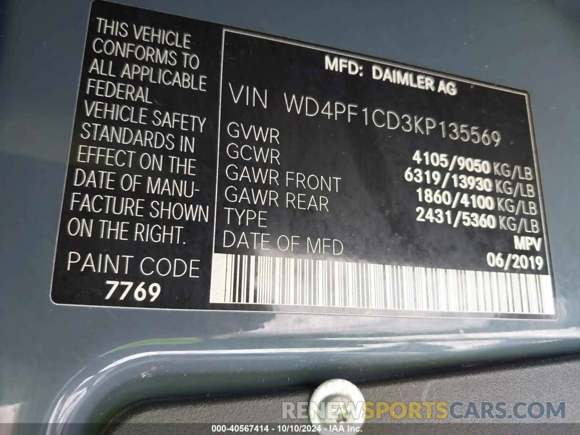 9 Photograph of a damaged car WD4PF1CD3KP135569 MERCEDES-BENZ SPRINTER 2500 2019