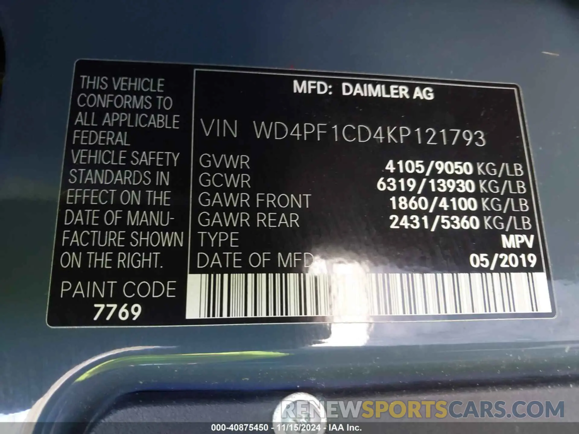 9 Photograph of a damaged car WD4PF1CD4KP121793 MERCEDES-BENZ SPRINTER 2500 2019