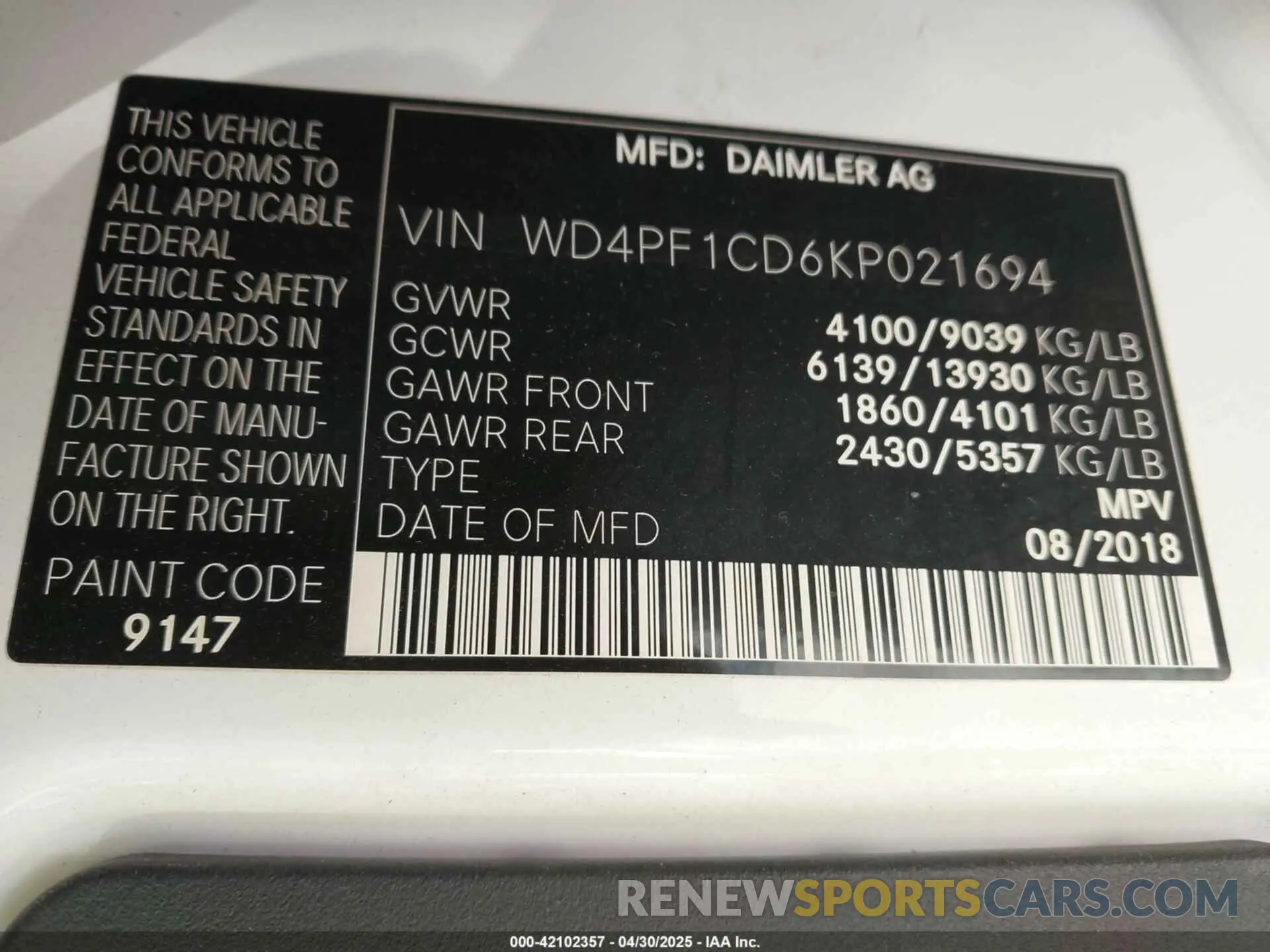 9 Photograph of a damaged car WD4PF1CD6KP021694 MERCEDES-BENZ SPRINTER 2500 2019
