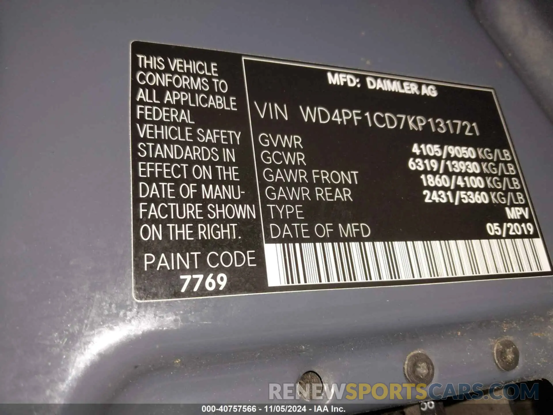 9 Photograph of a damaged car WD4PF1CD7KP131721 MERCEDES-BENZ SPRINTER 2500 2019