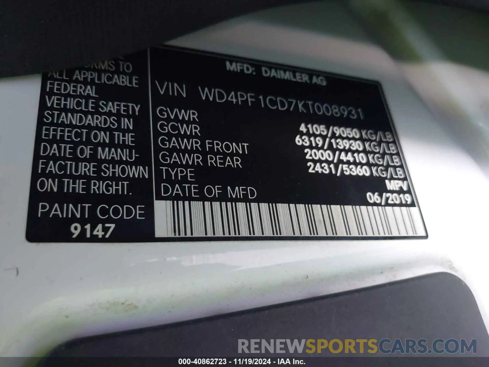 9 Photograph of a damaged car WD4PF1CD7KT008931 MERCEDES-BENZ SPRINTER 2500 2019