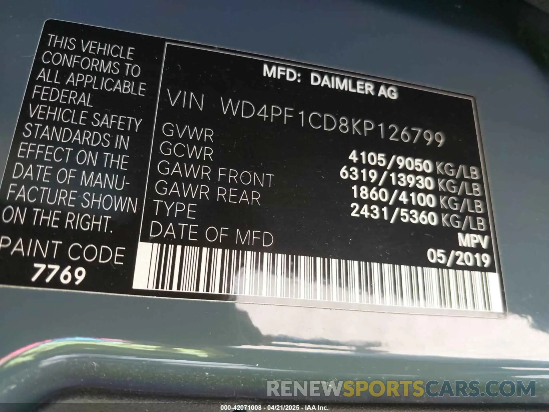 9 Photograph of a damaged car WD4PF1CD8KP126799 MERCEDES-BENZ SPRINTER 2500 2019