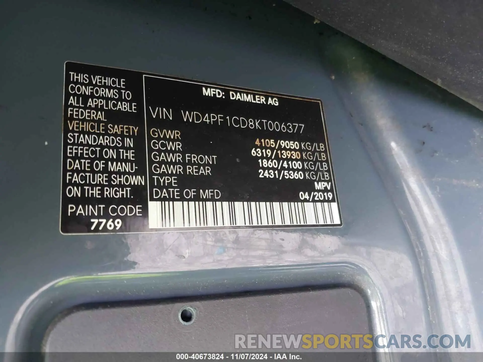9 Photograph of a damaged car WD4PF1CD8KT006377 MERCEDES-BENZ SPRINTER 2500 2019