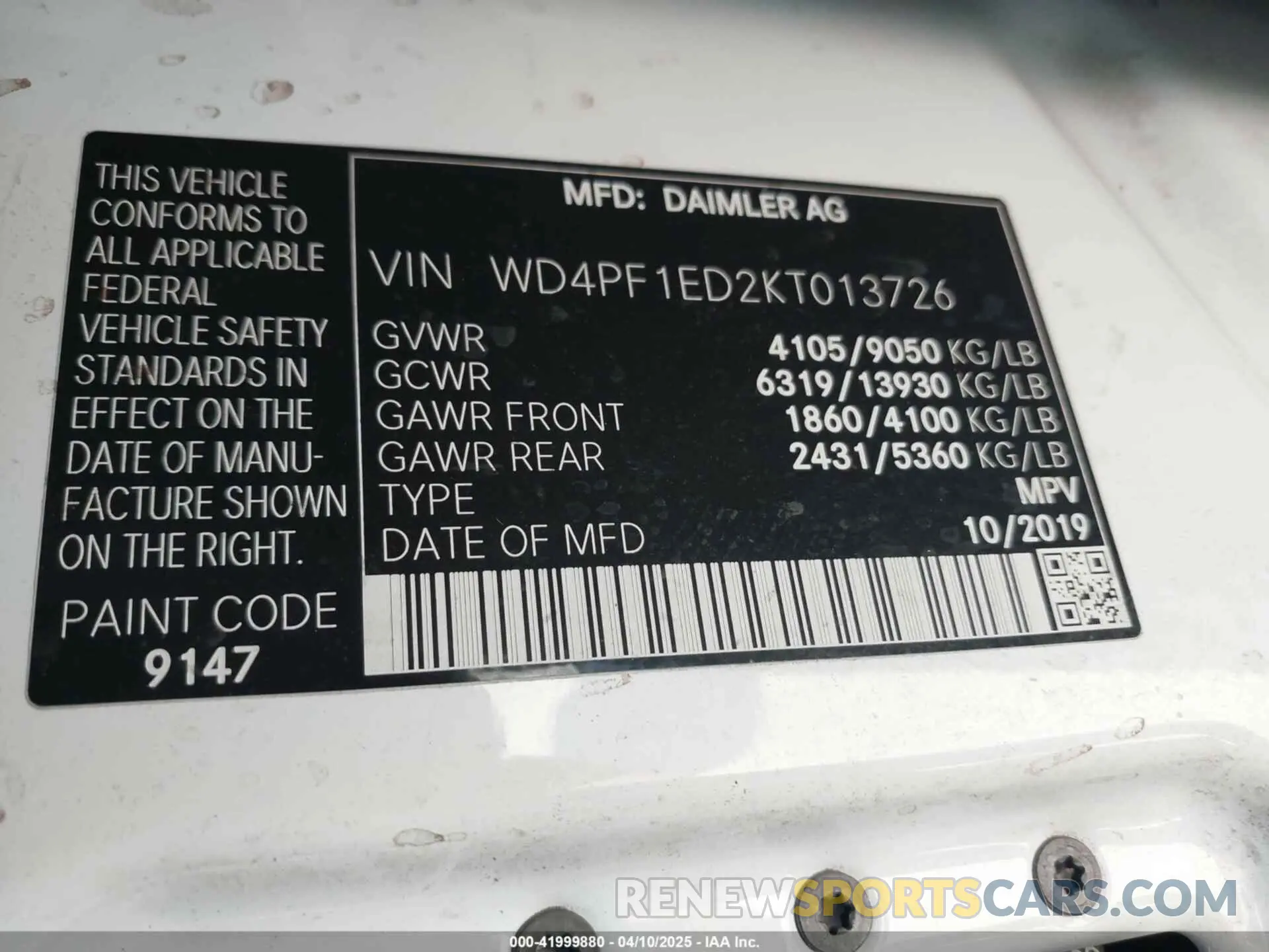 9 Photograph of a damaged car WD4PF1ED2KT013726 MERCEDES-BENZ SPRINTER 2500 2019