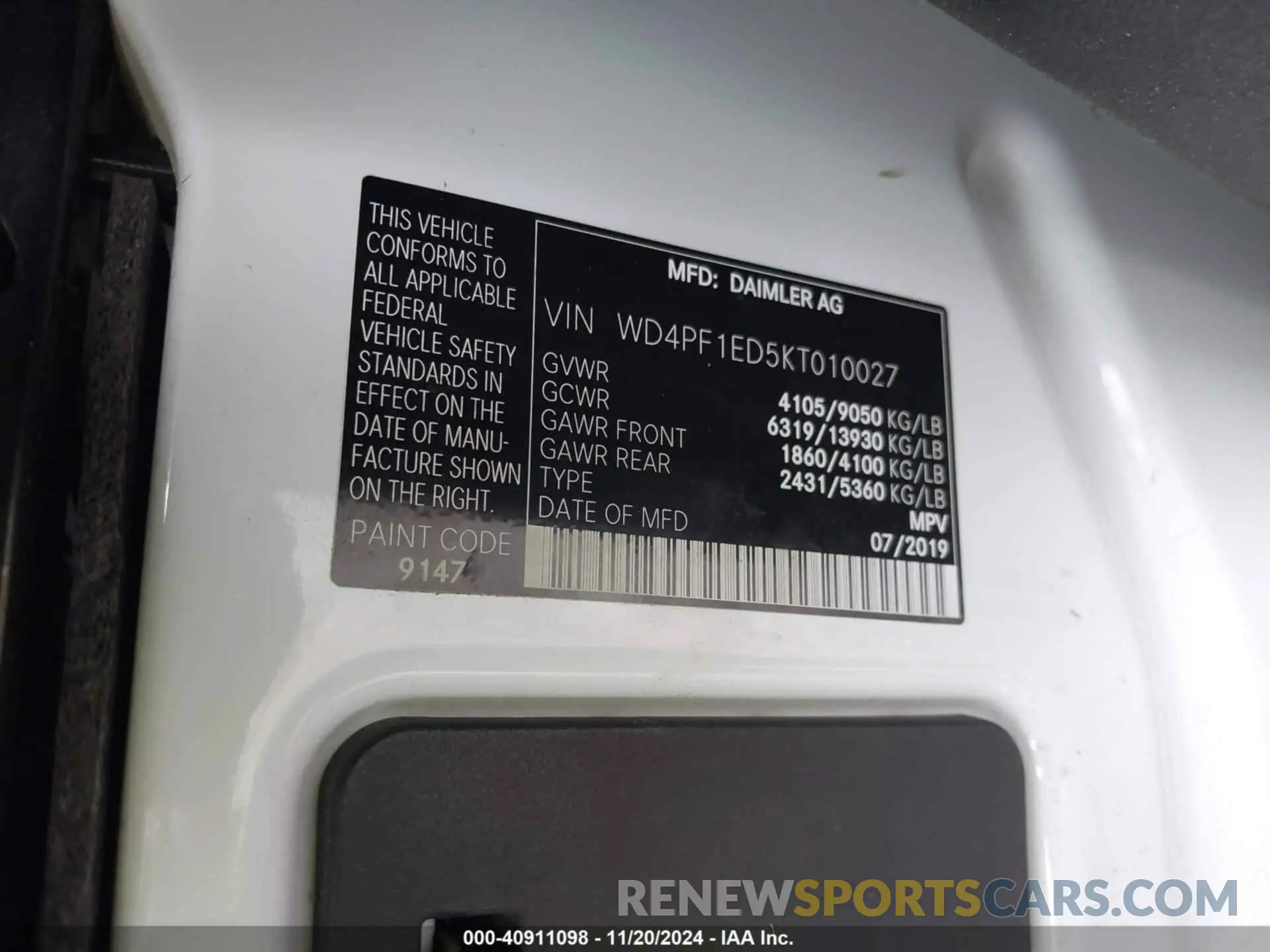 9 Photograph of a damaged car WD4PF1ED5KT010027 MERCEDES-BENZ SPRINTER 2500 2019