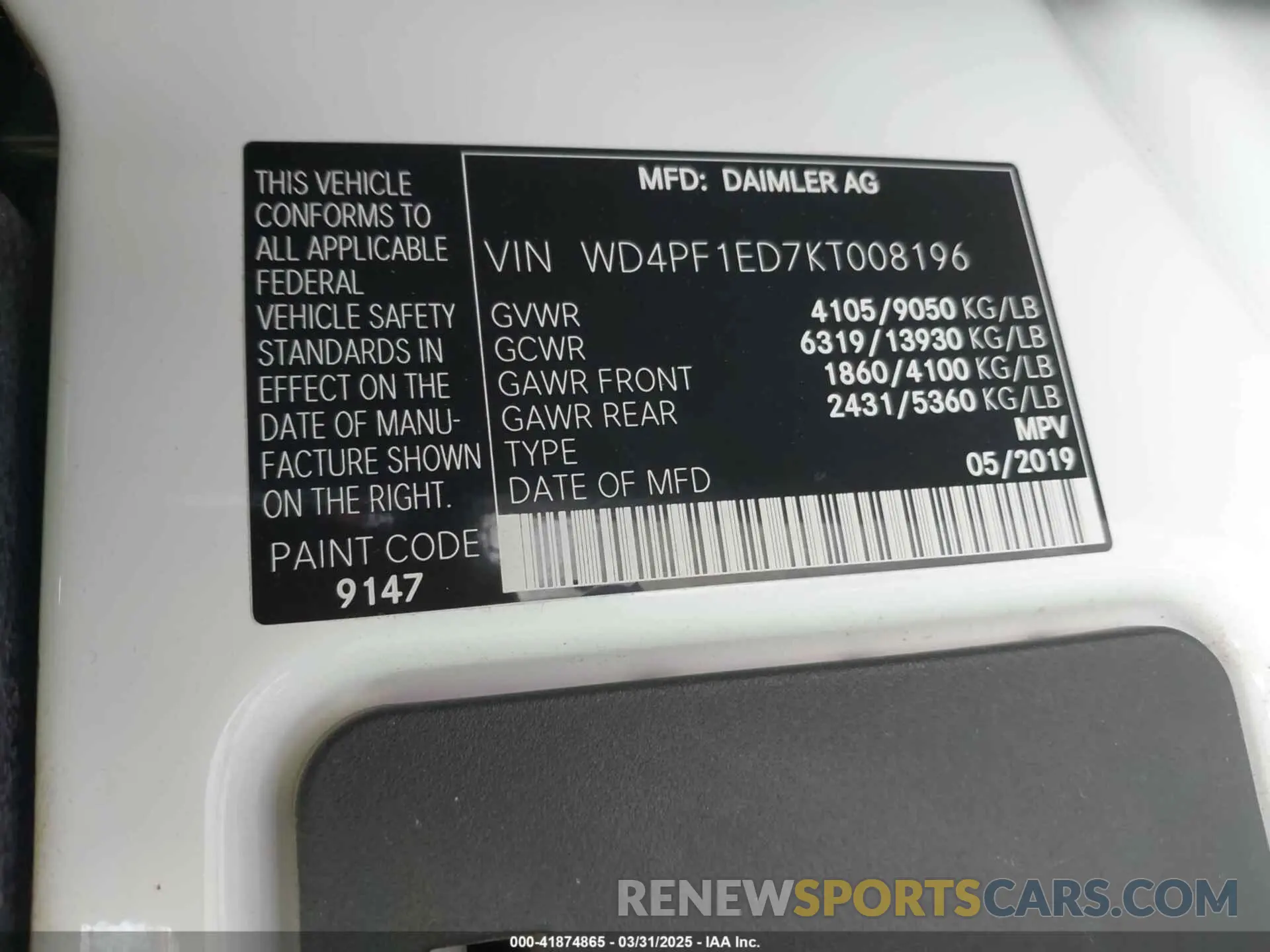 9 Photograph of a damaged car WD4PF1ED7KT008196 MERCEDES-BENZ SPRINTER 2500 2019