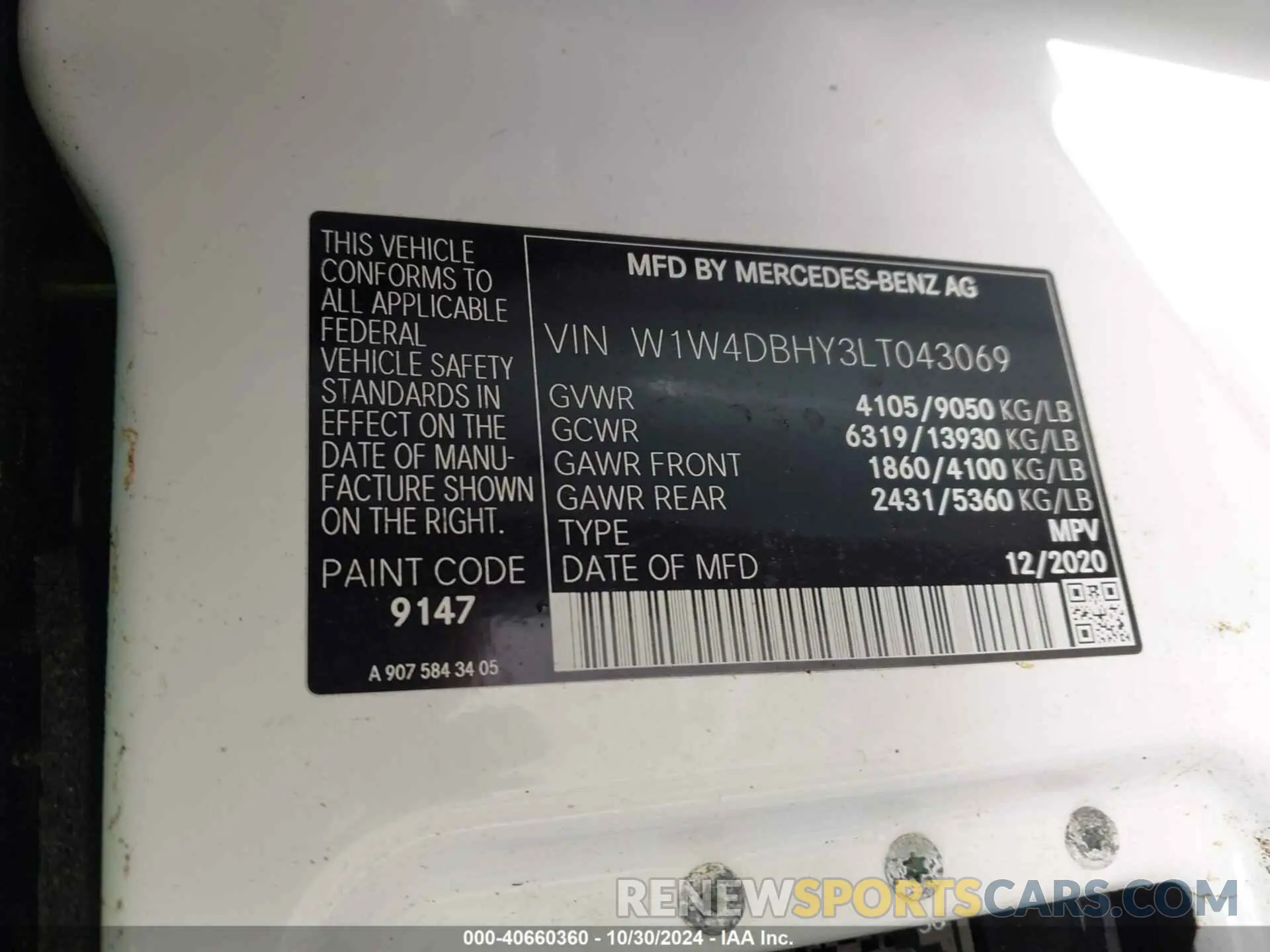 9 Photograph of a damaged car W1W4DBHY3LT043069 MERCEDES-BENZ SPRINTER 2500 2020