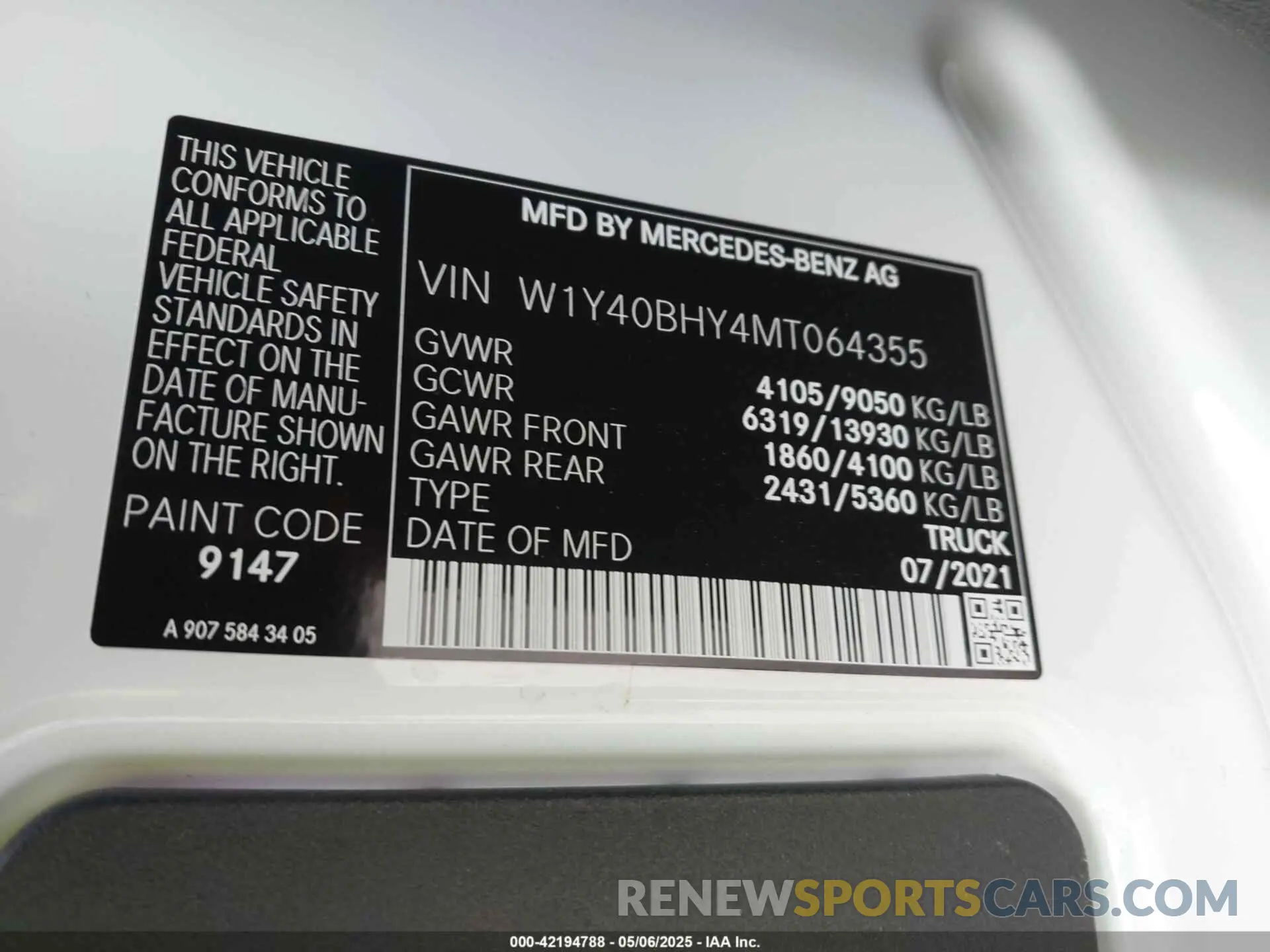 9 Photograph of a damaged car W1Y40BHY4MT064355 MERCEDES-BENZ SPRINTER 2500 2021