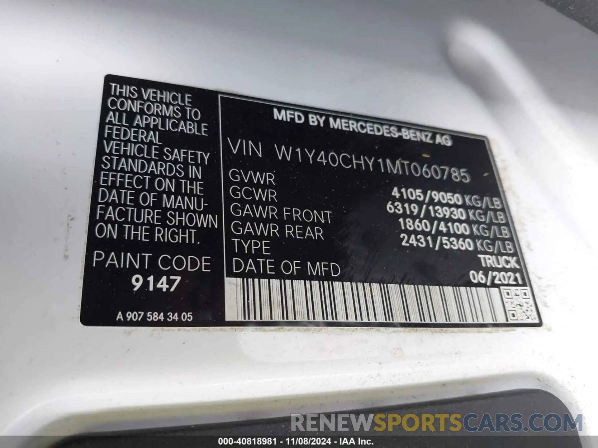 9 Photograph of a damaged car W1Y40CHY1MT060785 MERCEDES-BENZ SPRINTER 2500 2021