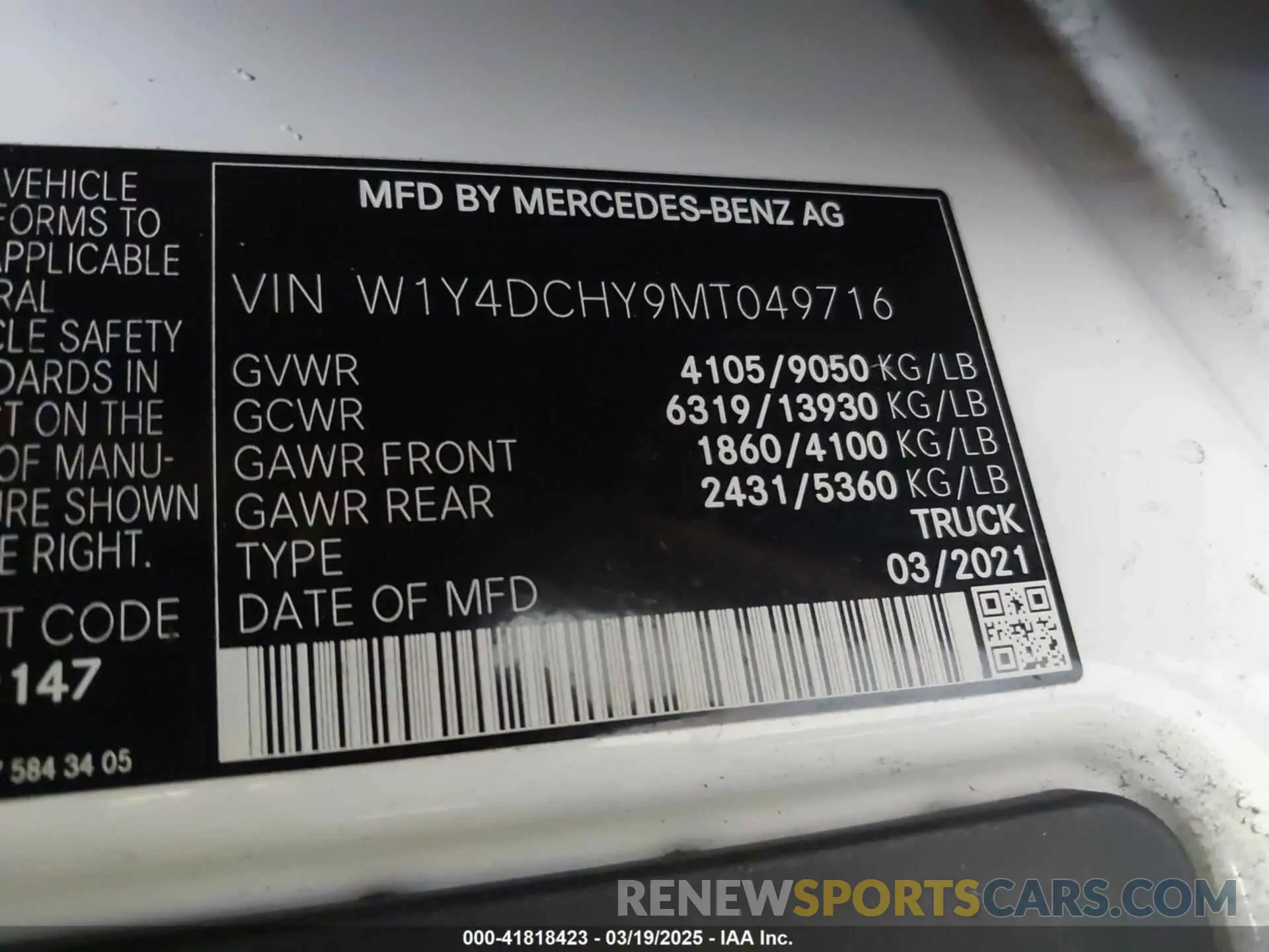 9 Photograph of a damaged car W1Y4DCHY9MT049716 MERCEDES-BENZ SPRINTER 2500 2021