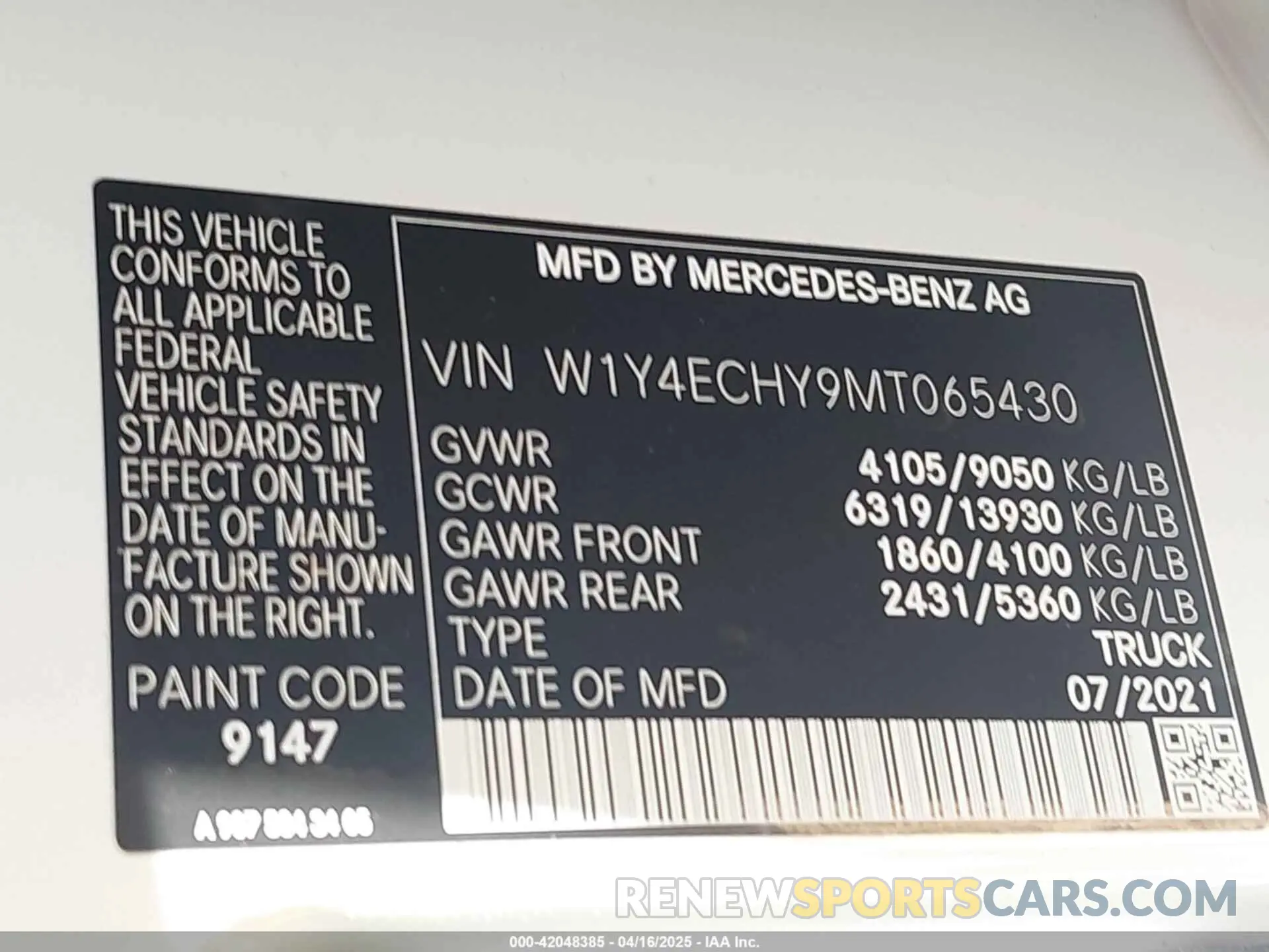 9 Photograph of a damaged car W1Y4ECHY9MT065430 MERCEDES-BENZ SPRINTER 2500 2021