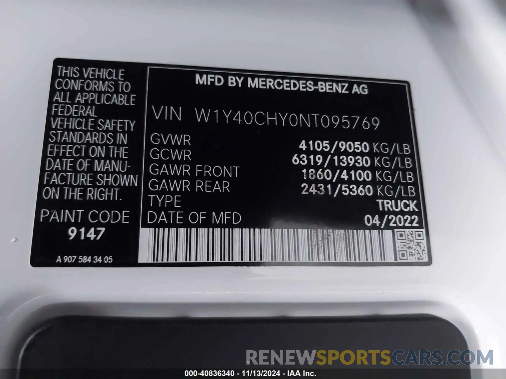 9 Photograph of a damaged car W1Y40CHY0NT095769 MERCEDES-BENZ SPRINTER 2500 2022