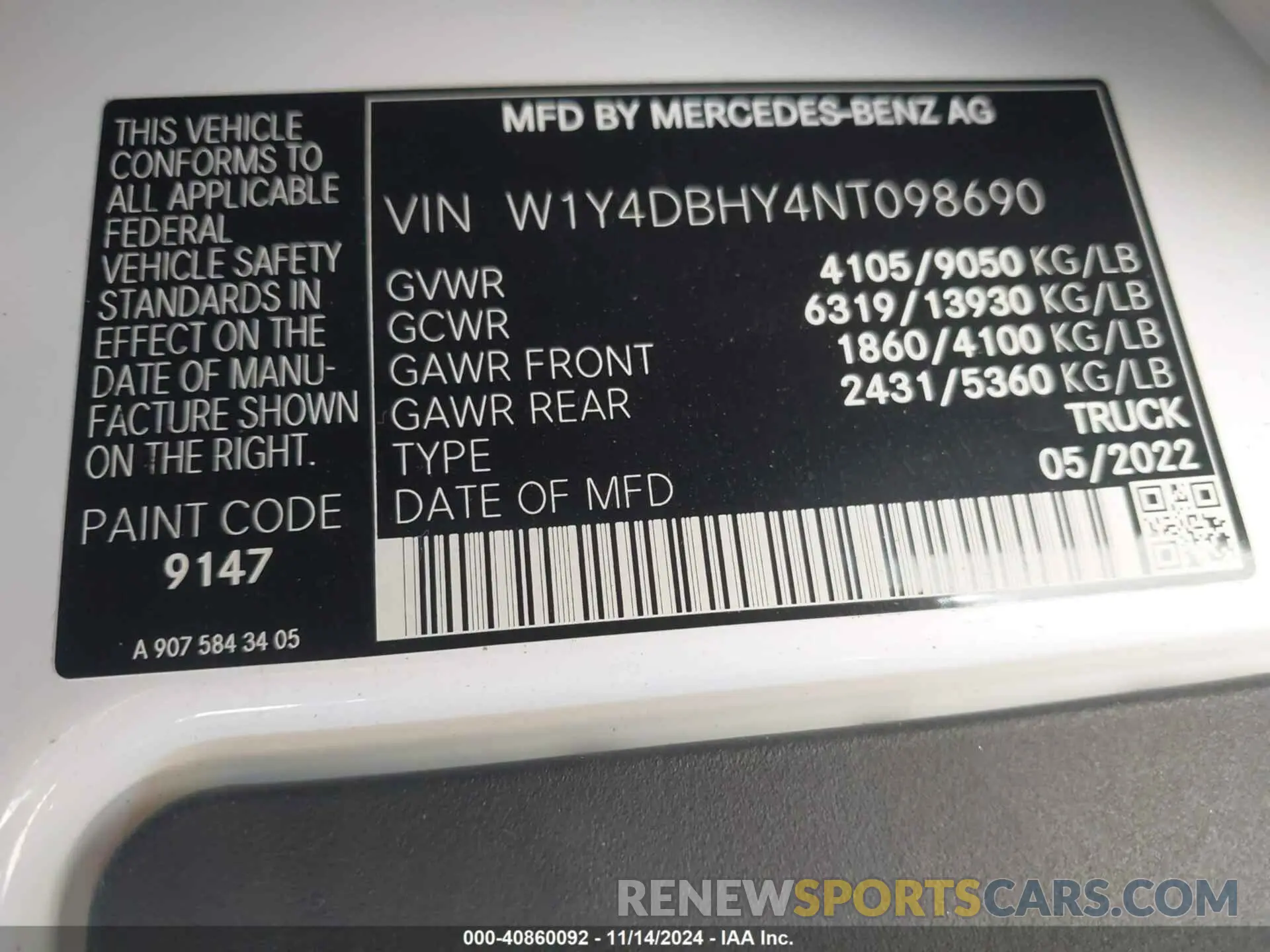 9 Photograph of a damaged car W1Y4DBHY4NT098690 MERCEDES-BENZ SPRINTER 2500 2022