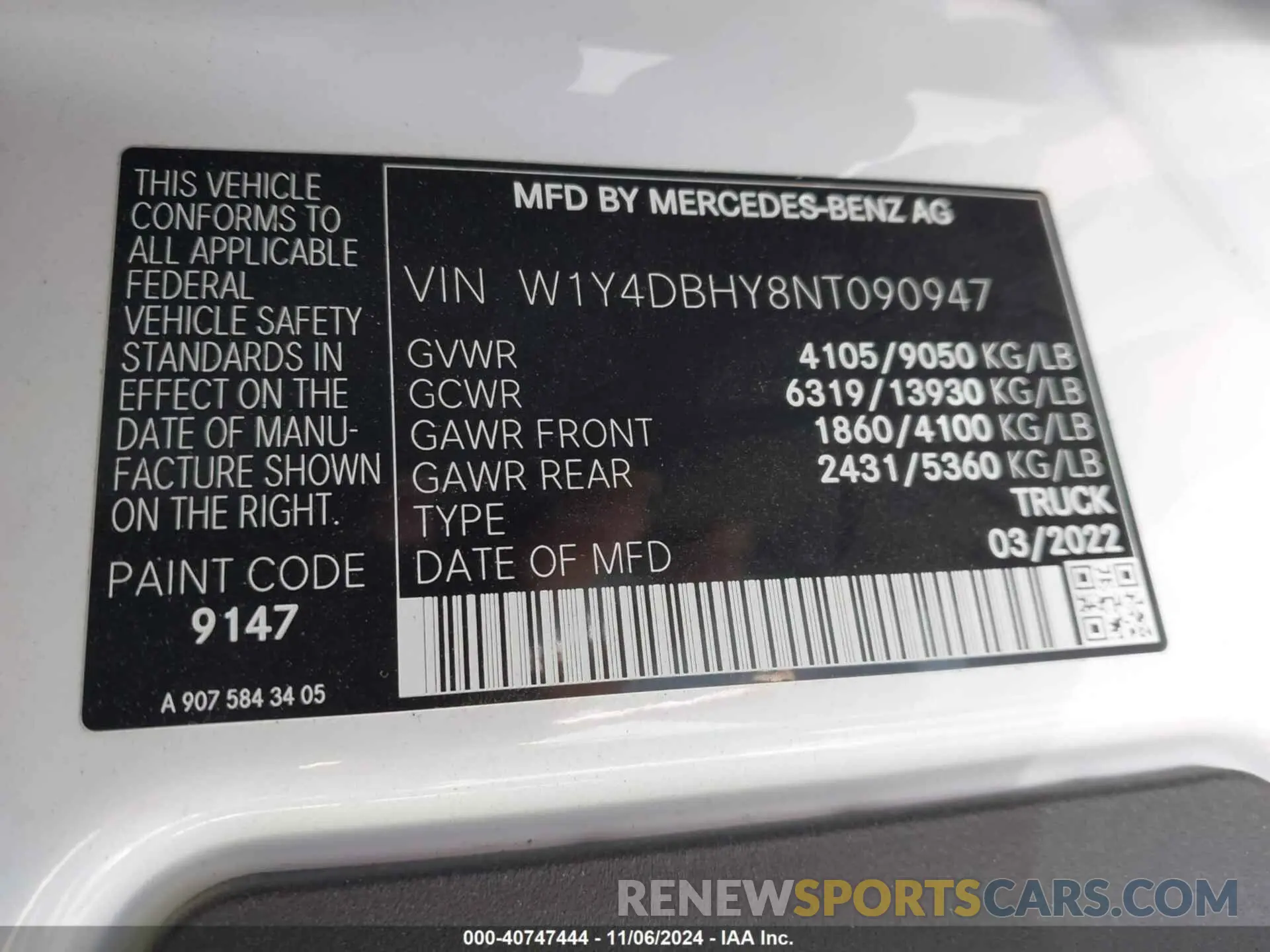 9 Photograph of a damaged car W1Y4DBHY8NT090947 MERCEDES-BENZ SPRINTER 2500 2022