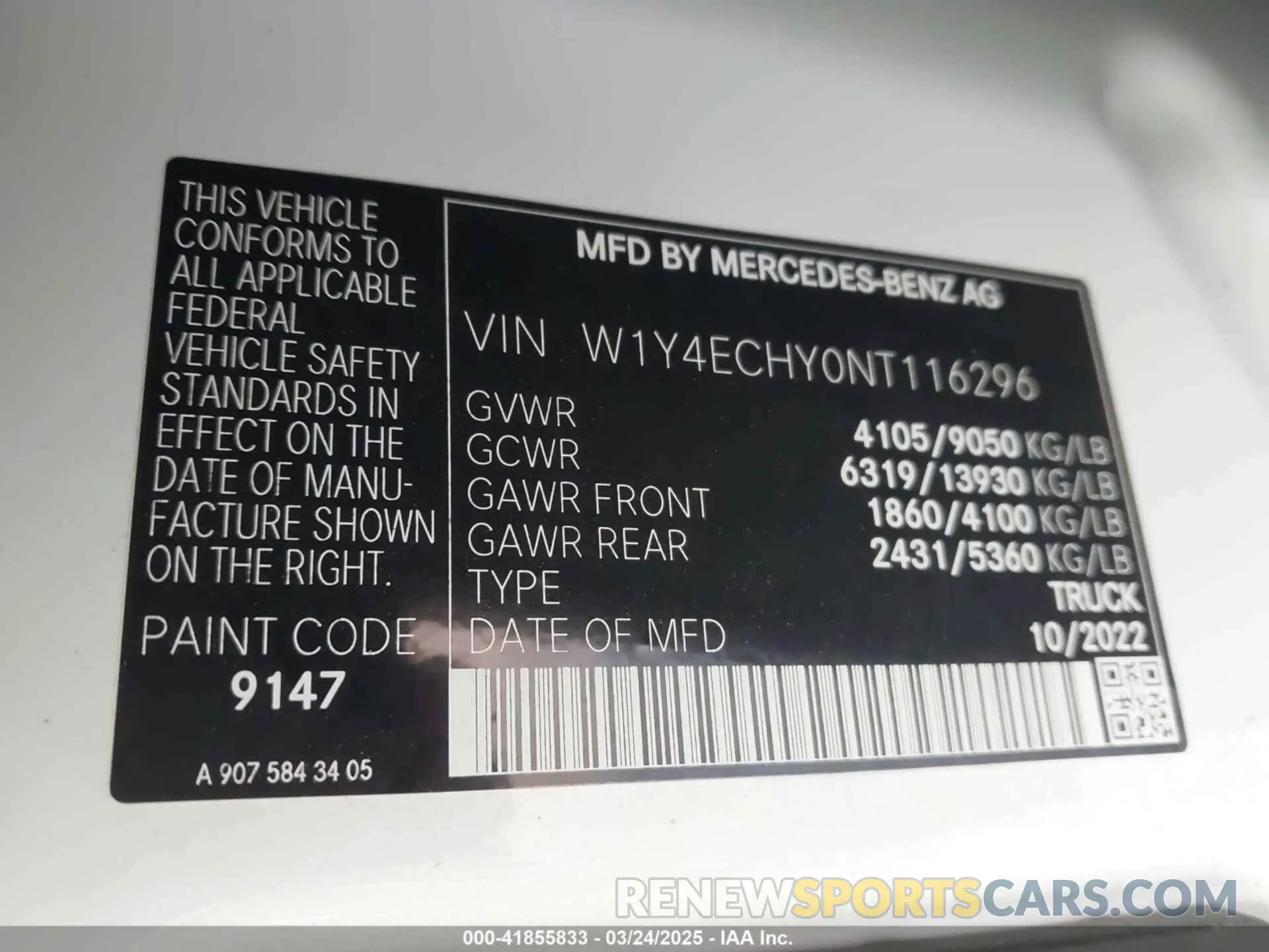 9 Photograph of a damaged car W1Y4ECHY0NT116296 MERCEDES-BENZ SPRINTER 2500 2022