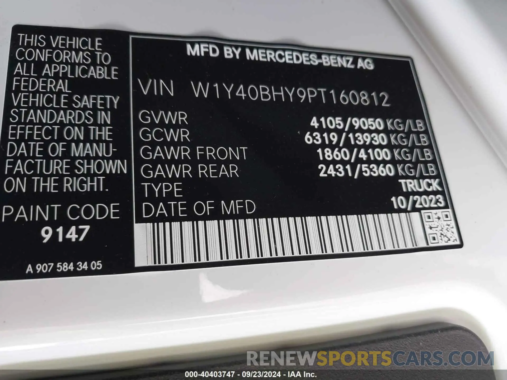 9 Photograph of a damaged car W1Y40BHY9PT160812 MERCEDES-BENZ SPRINTER 2500 2023