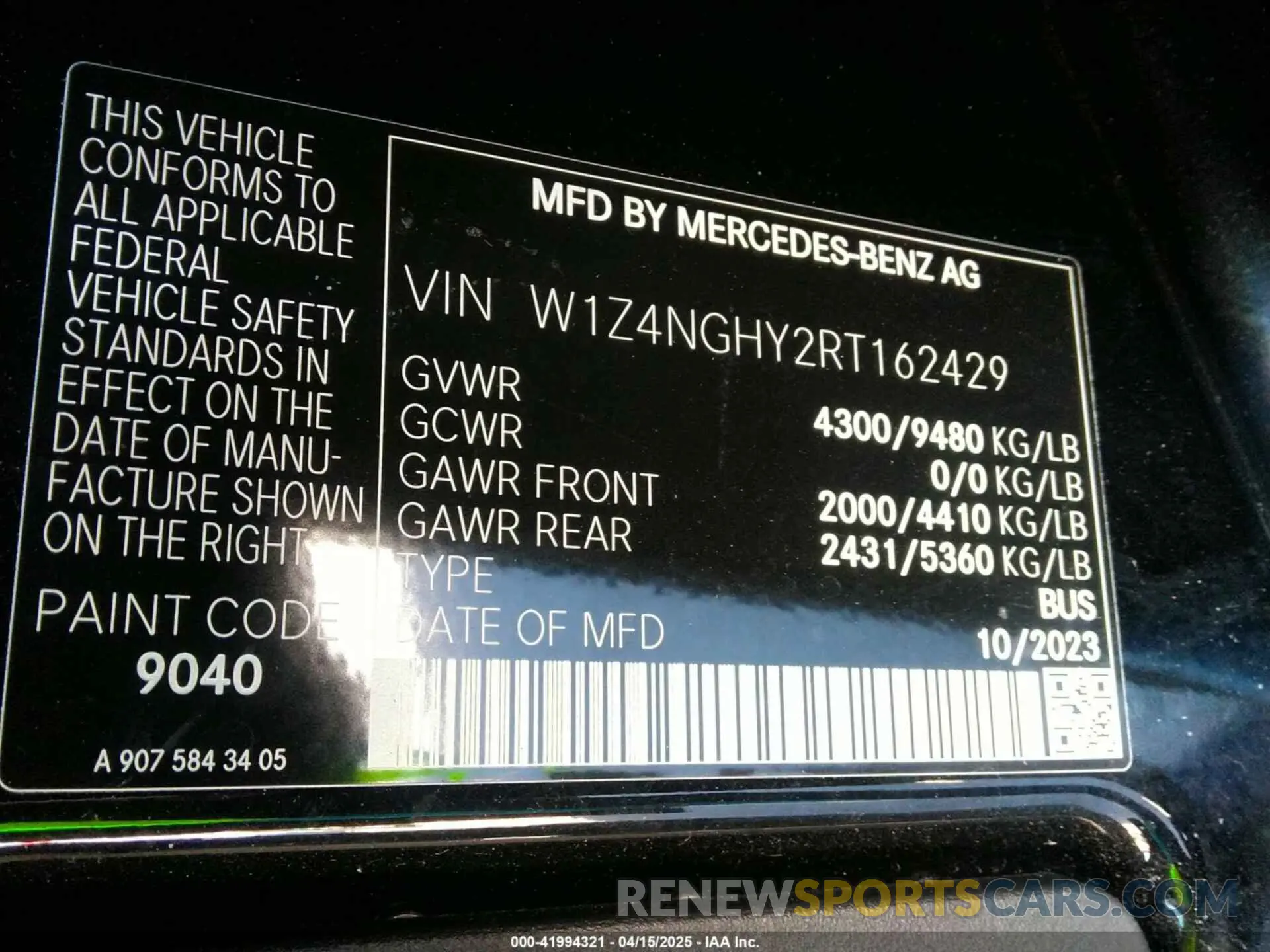 9 Photograph of a damaged car W1Z4NGHY2RT162429 MERCEDES-BENZ SPRINTER 2500 2024