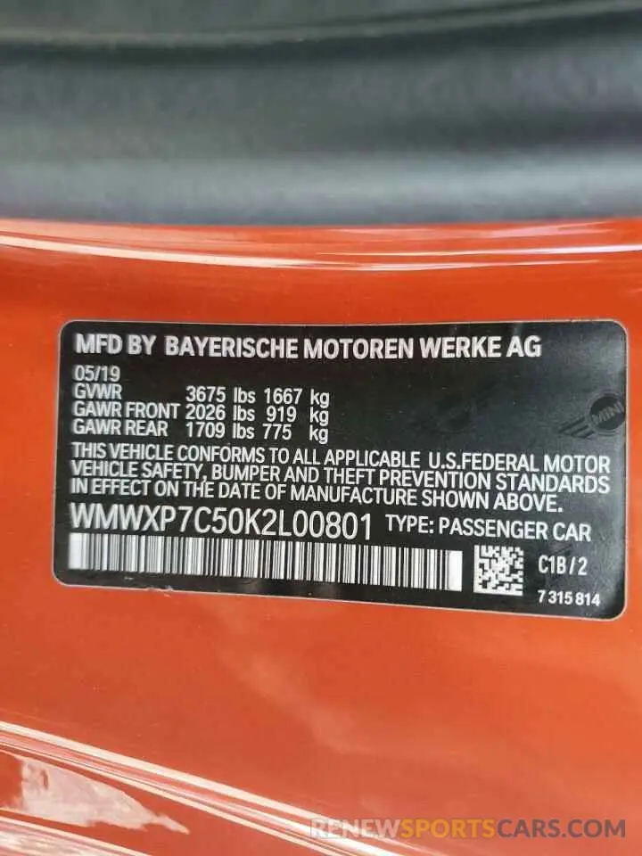 12 Photograph of a damaged car WMWXP7C50K2L00801 MINI COOPER 2019