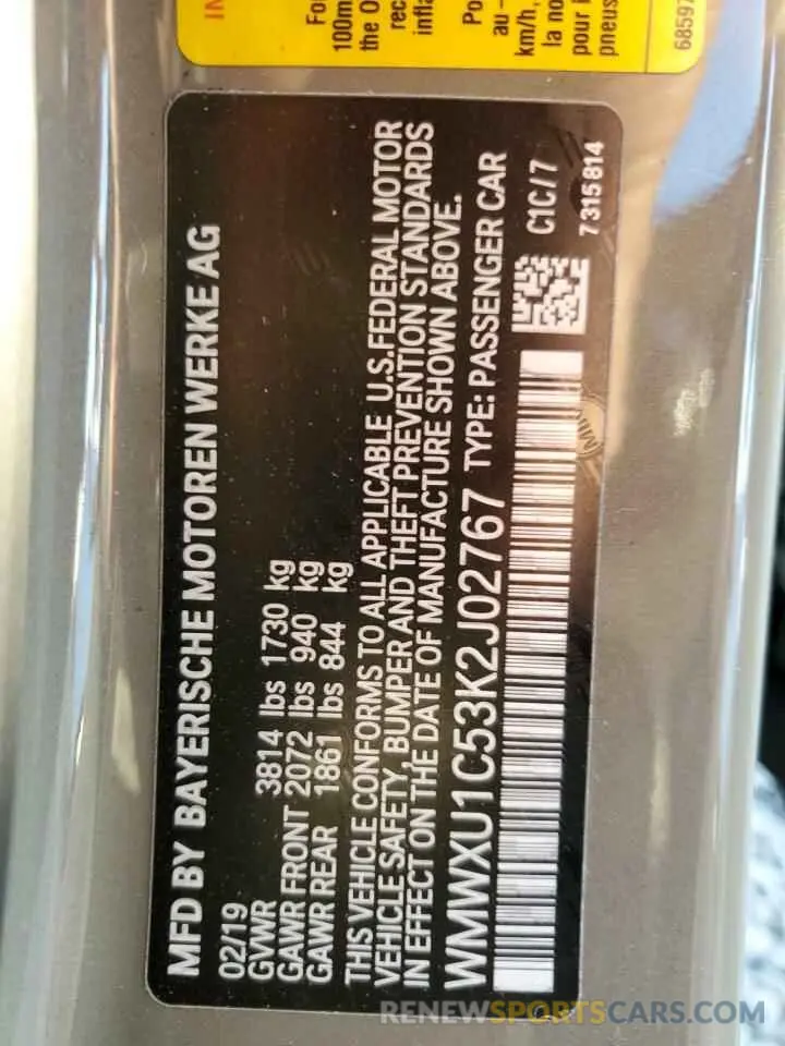 13 Photograph of a damaged car WMWXU1C53K2J02767 MINI COOPER 2019