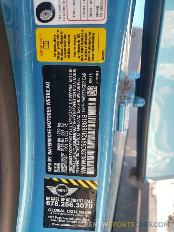 12 Photograph of a damaged car WMWXU3C59K2H88618 MINI COOPER 2019