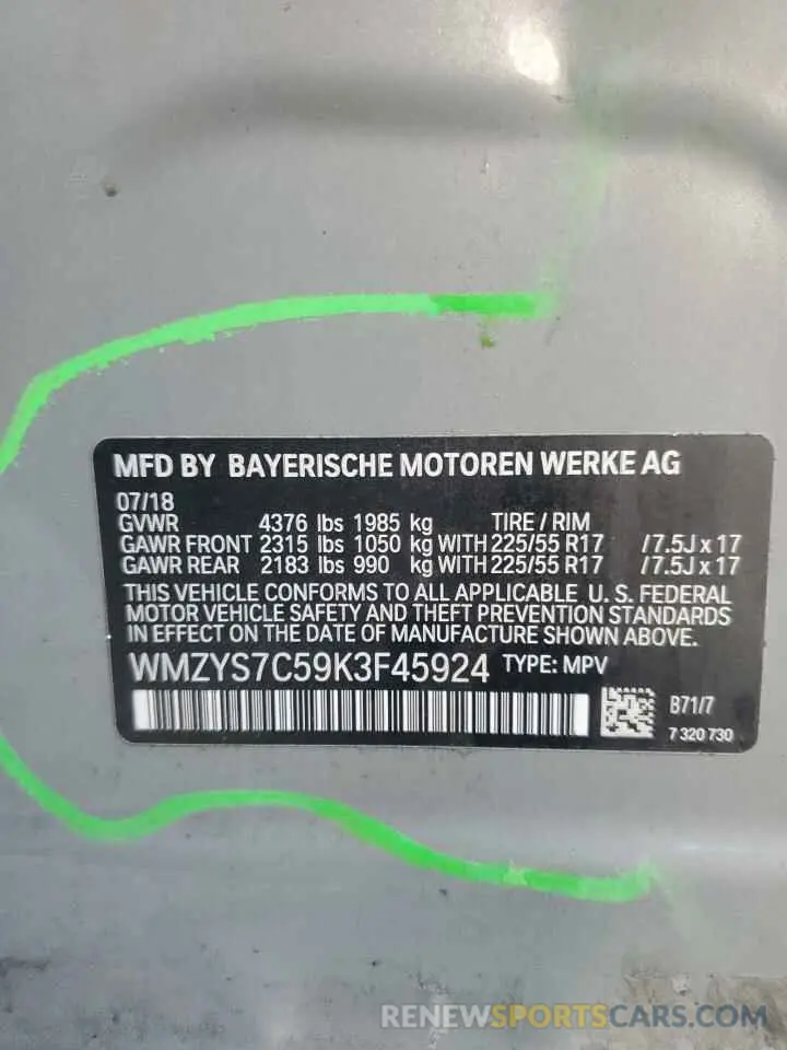 13 Photograph of a damaged car WMZYS7C59K3F45924 MINI COOPER 2019