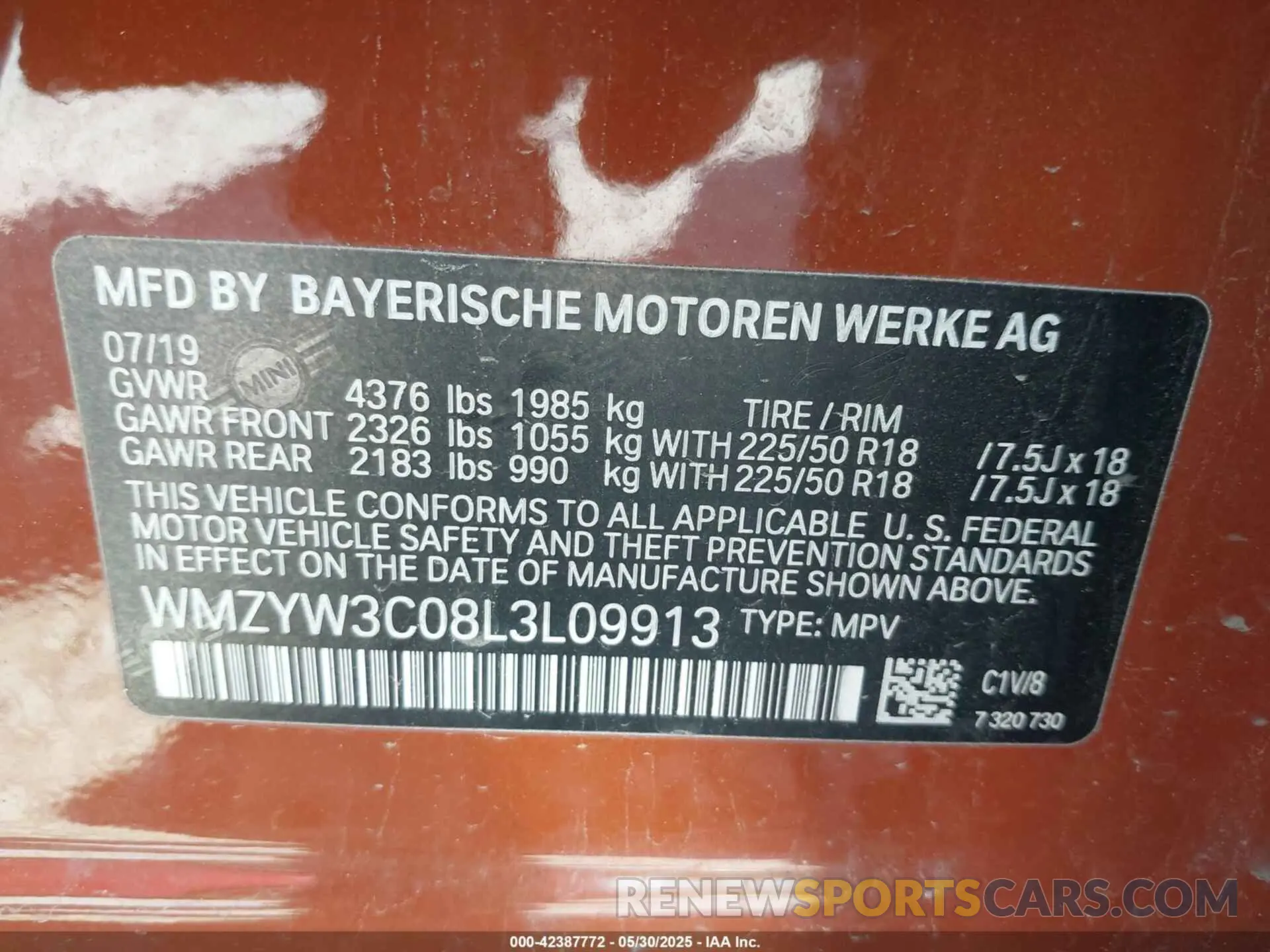 9 Photograph of a damaged car WMZYW3C08L3L09913 MINI COUNTRYMAN 2020