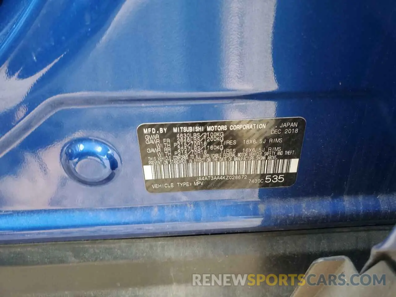 13 Photograph of a damaged car JA4AT3AA4KZ028672 MITSUBISHI ECLIPSE 2019
