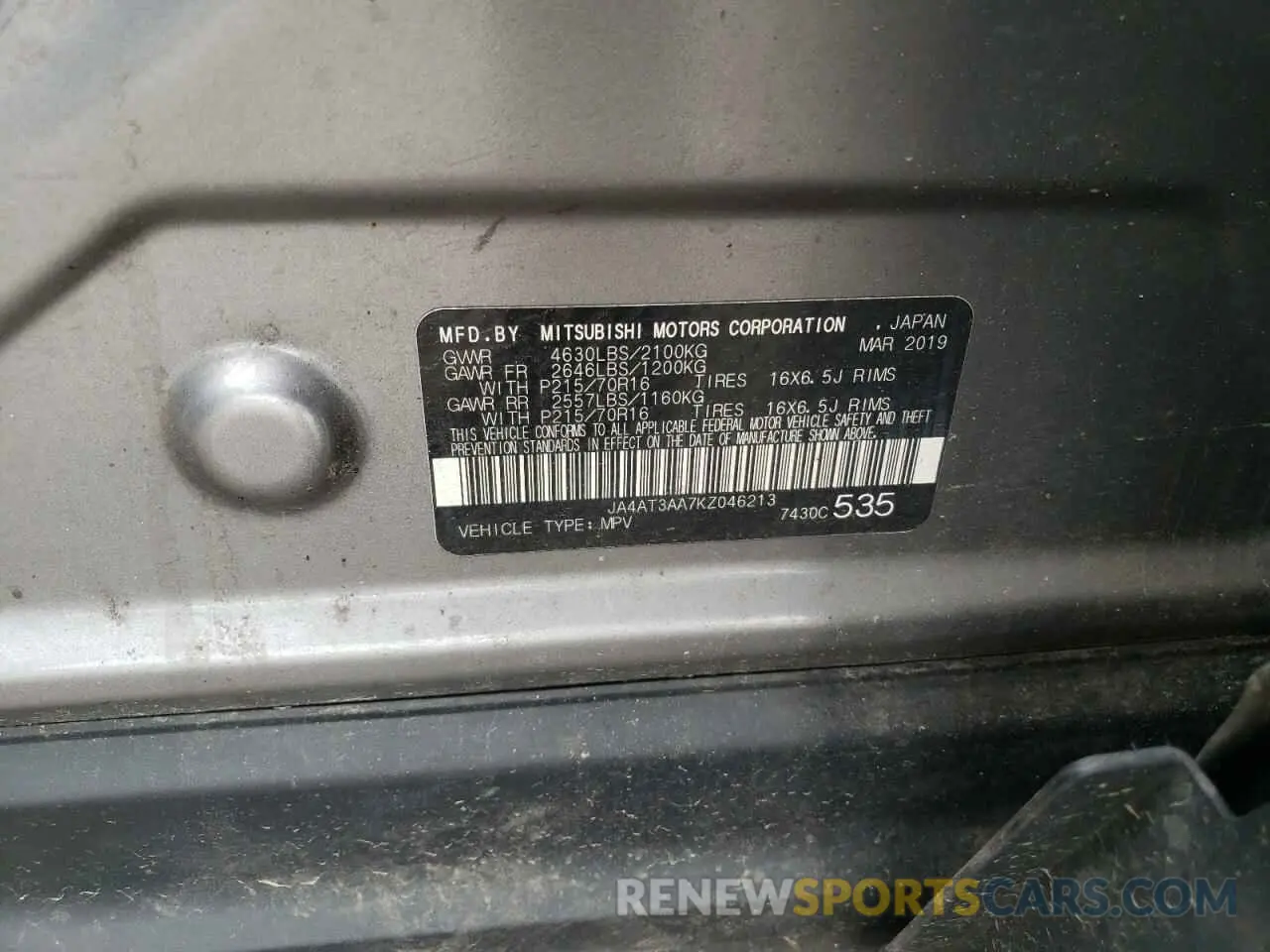 13 Photograph of a damaged car JA4AT3AA7KZ046213 MITSUBISHI ECLIPSE 2019