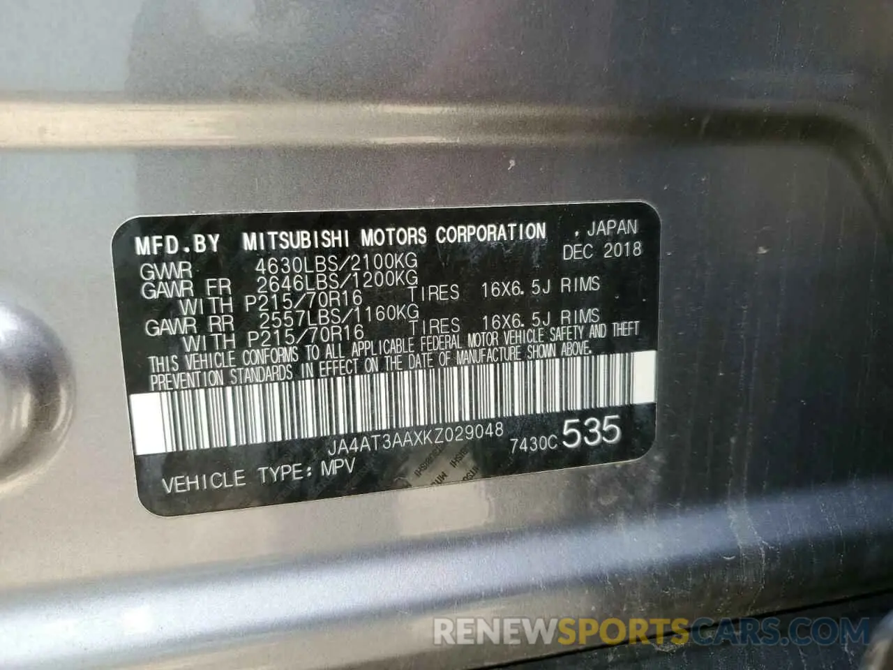 13 Photograph of a damaged car JA4AT3AAXKZ029048 MITSUBISHI ECLIPSE 2019