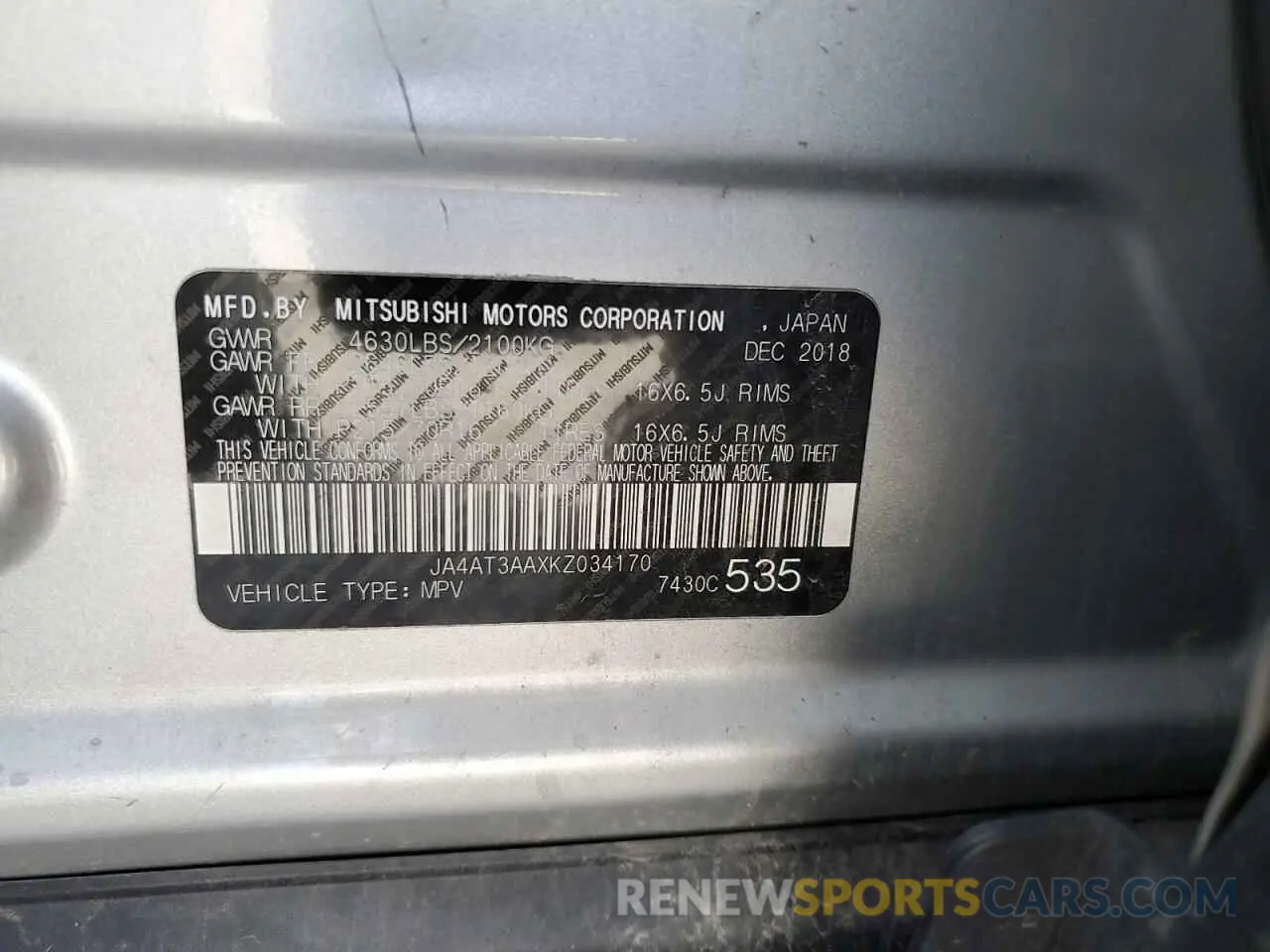 12 Photograph of a damaged car JA4AT3AAXKZ034170 MITSUBISHI ECLIPSE 2019