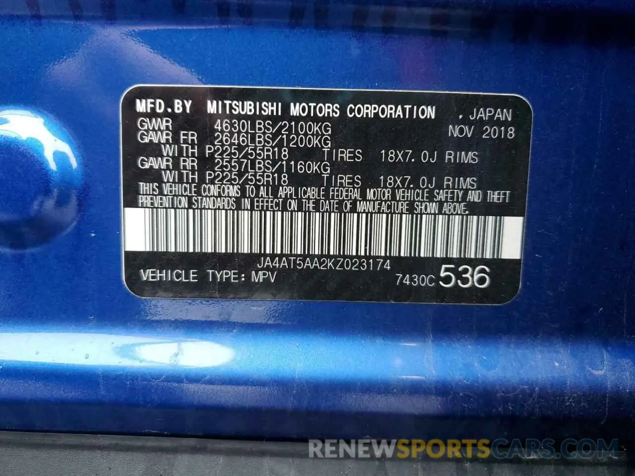 13 Photograph of a damaged car JA4AT5AA2KZ023174 MITSUBISHI ECLIPSE 2019