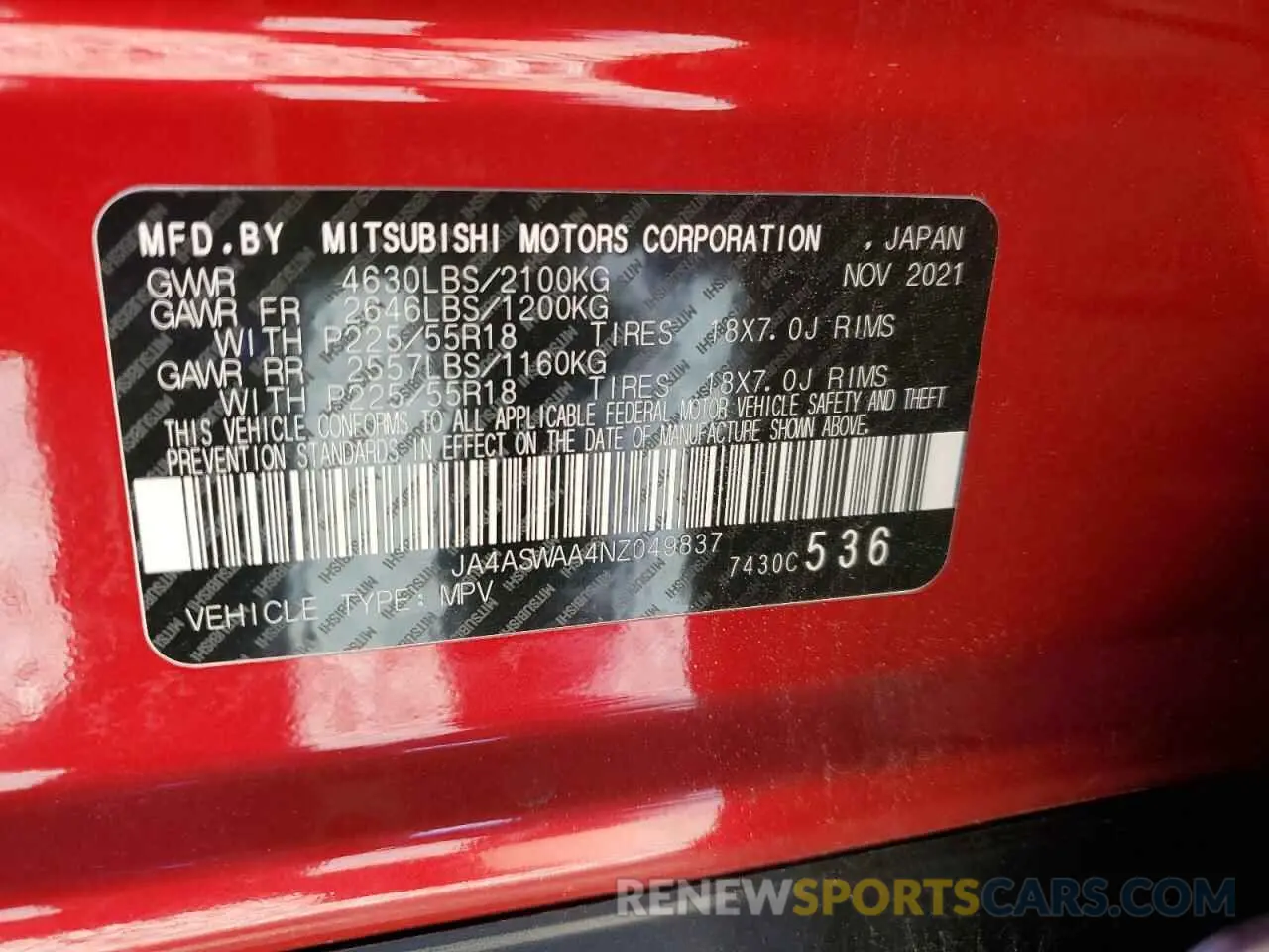 14 Photograph of a damaged car JA4ASWAA4NZ049837 MITSUBISHI ECLIPSE 2022