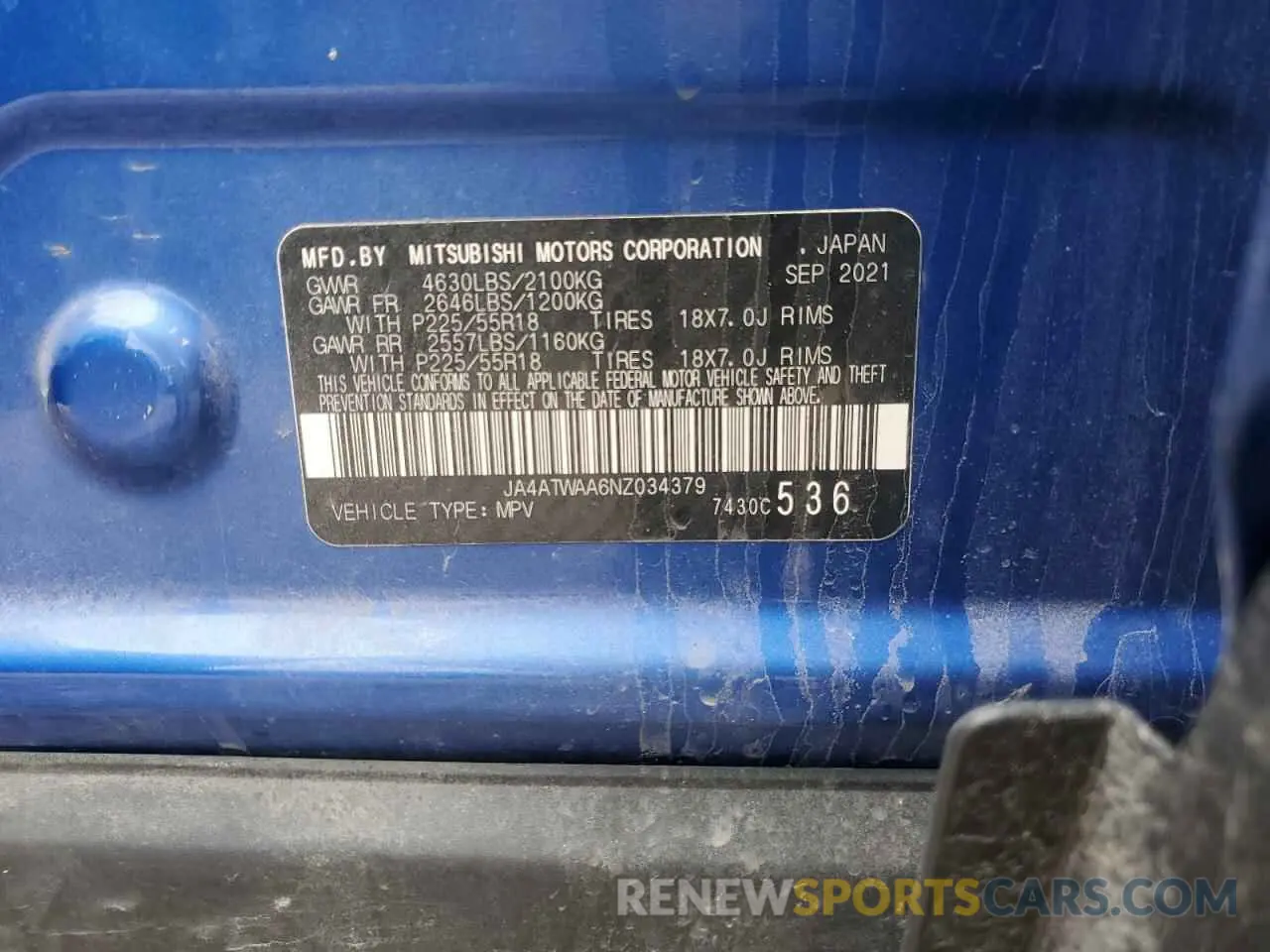 13 Photograph of a damaged car JA4ATWAA6NZ034379 MITSUBISHI ECLIPSE 2022