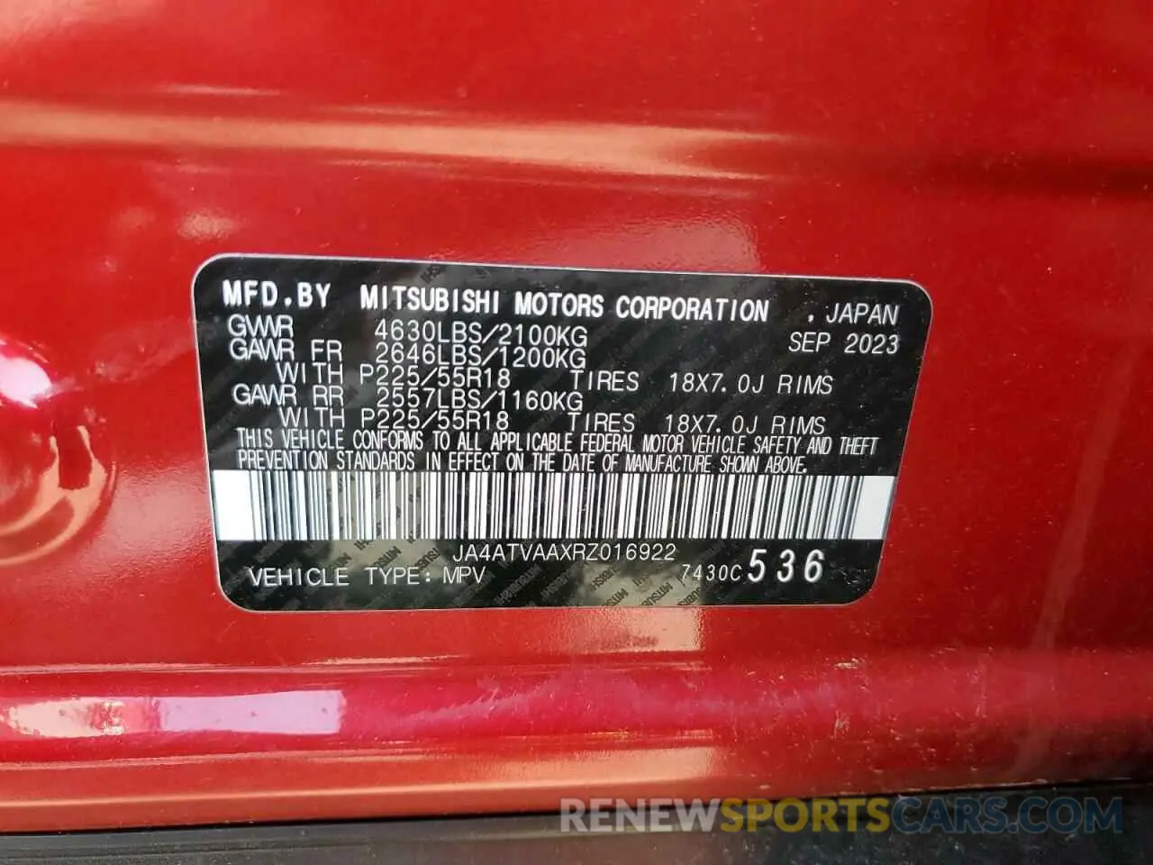13 Photograph of a damaged car JA4ATVAAXRZ016922 MITSUBISHI ECLIPSE 2024