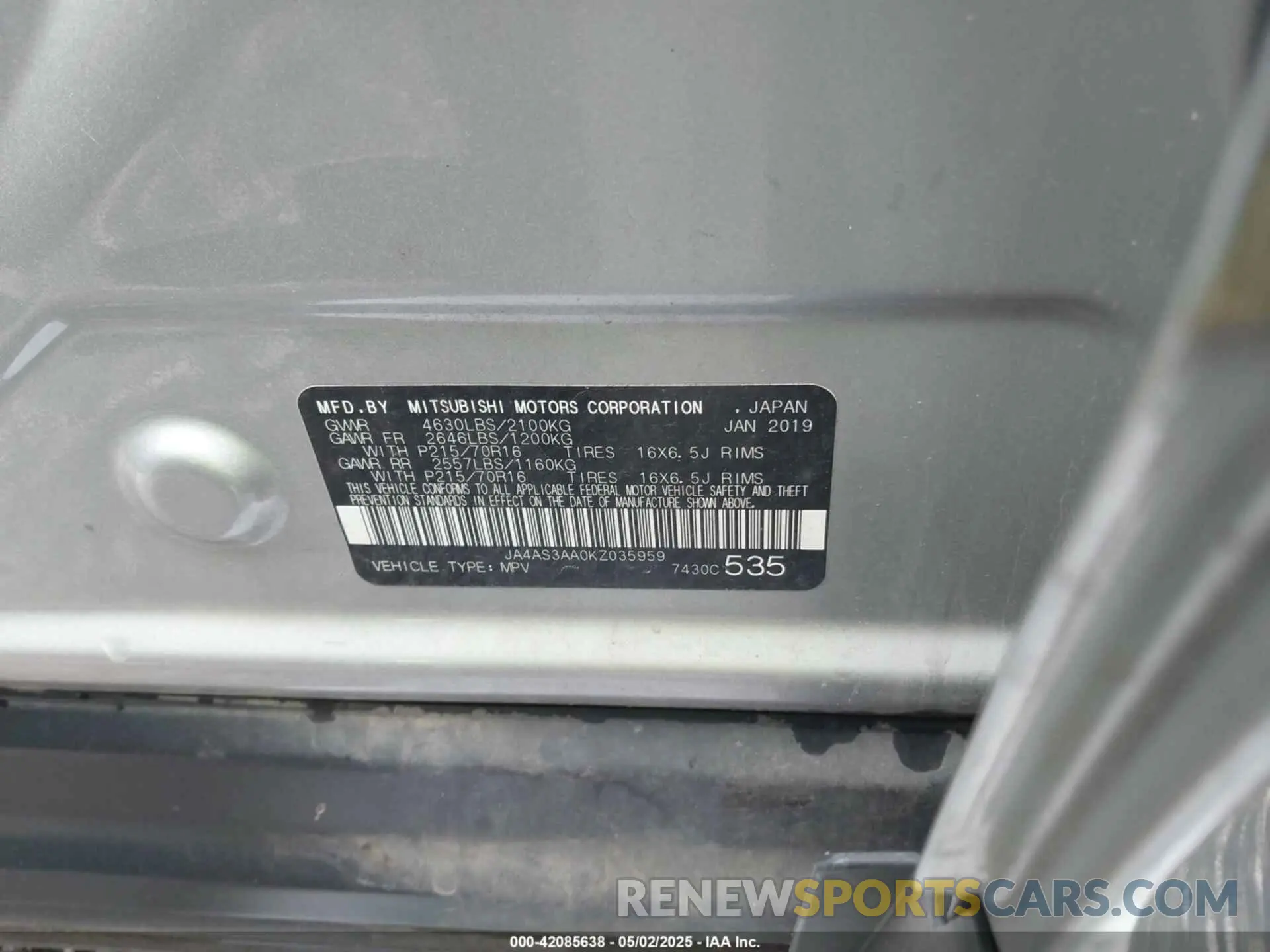 9 Photograph of a damaged car JA4AS3AA0KZ035959 MITSUBISHI ECLIPSE CROSS 2019
