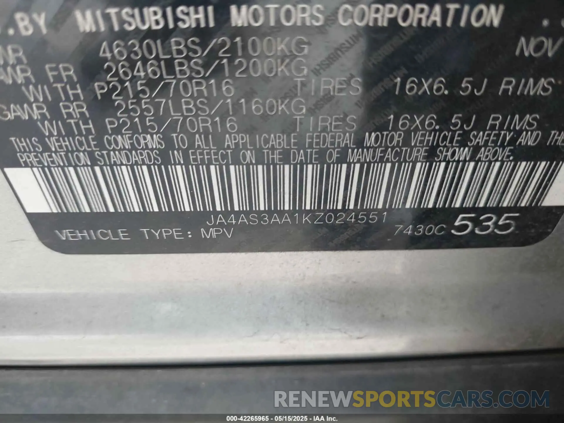 9 Photograph of a damaged car JA4AS3AA1KZ024551 MITSUBISHI ECLIPSE CROSS 2019