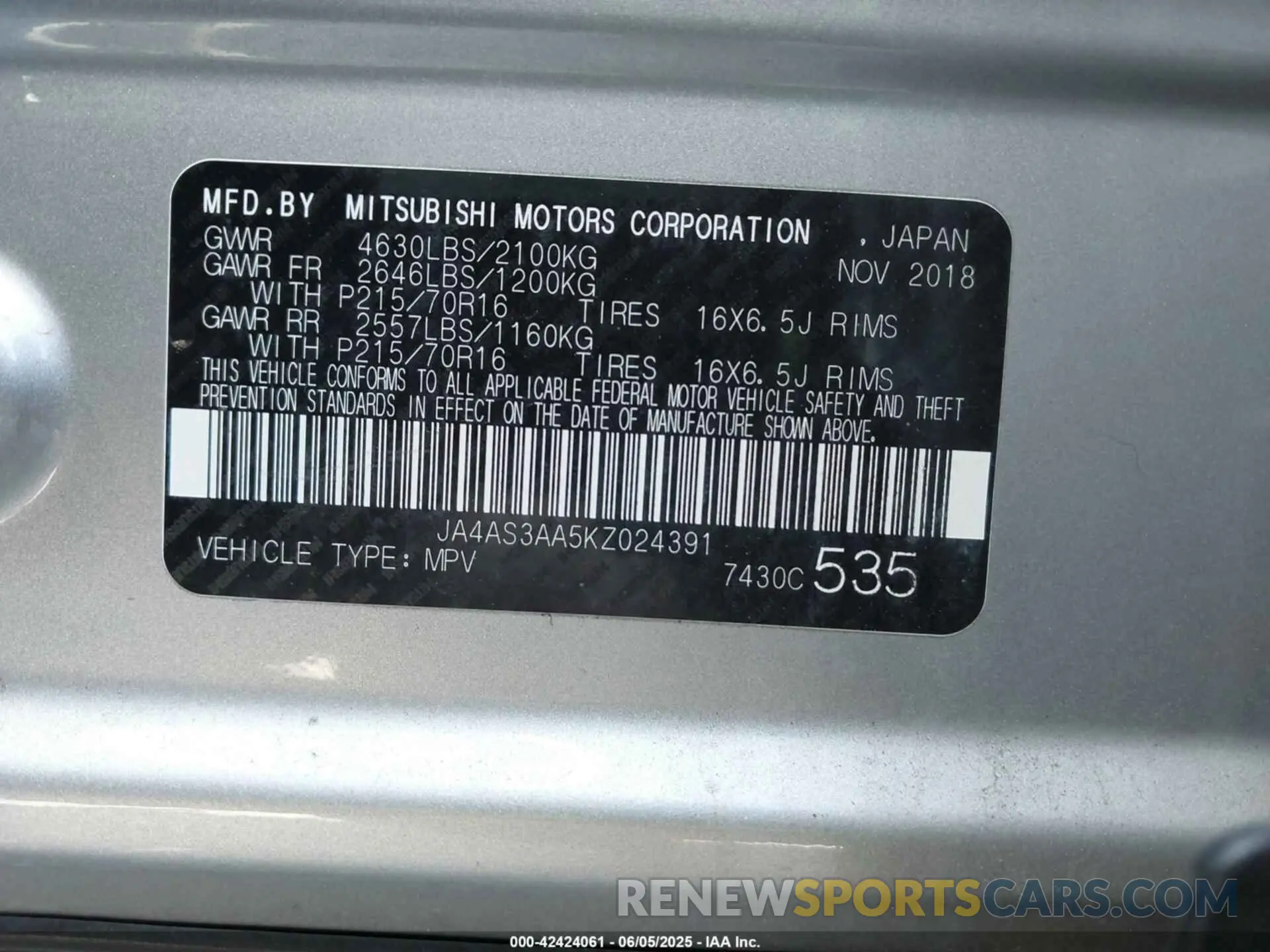 9 Photograph of a damaged car JA4AS3AA5KZ024391 MITSUBISHI ECLIPSE CROSS 2019