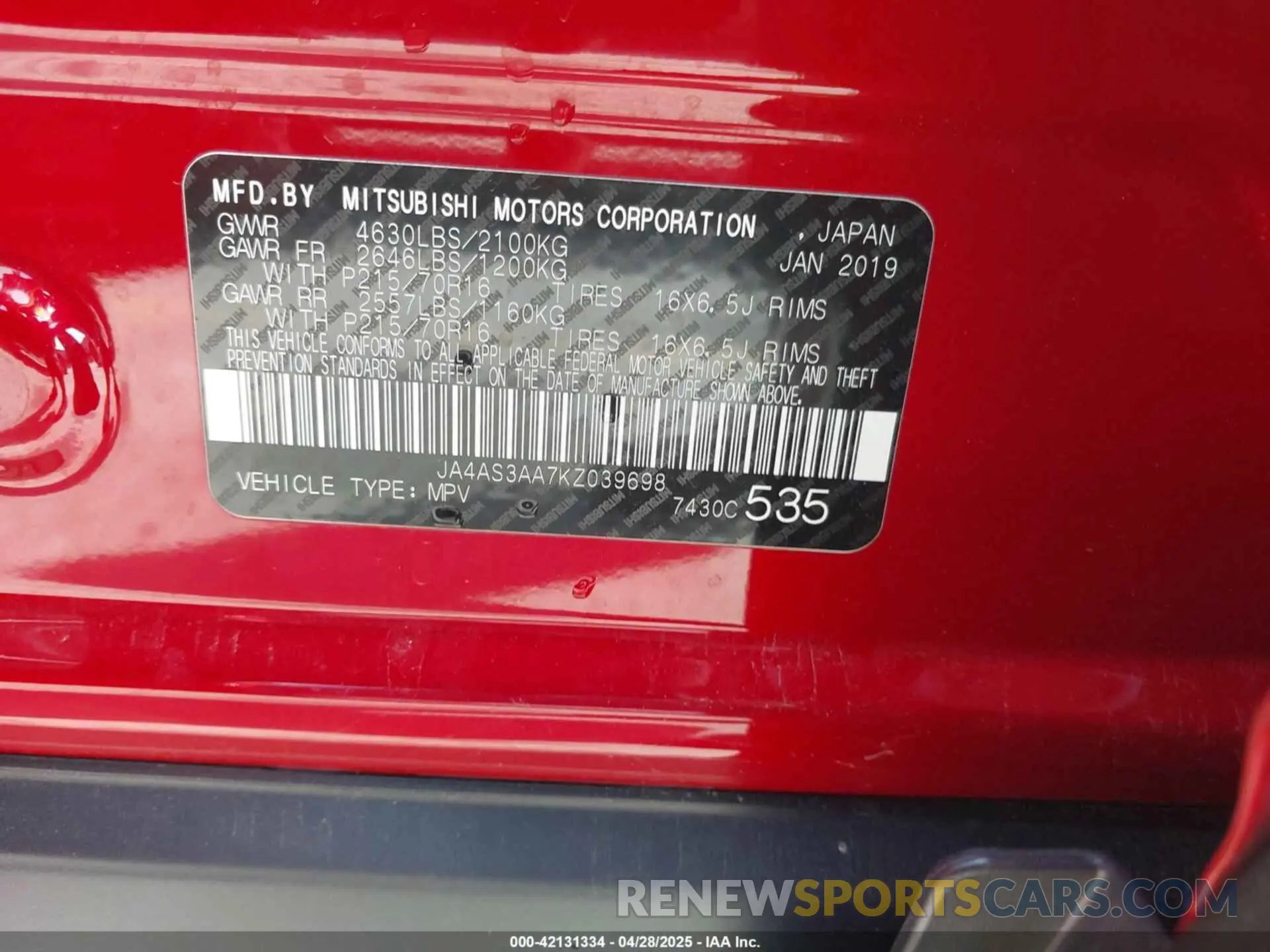9 Photograph of a damaged car JA4AS3AA7KZ039698 MITSUBISHI ECLIPSE CROSS 2019