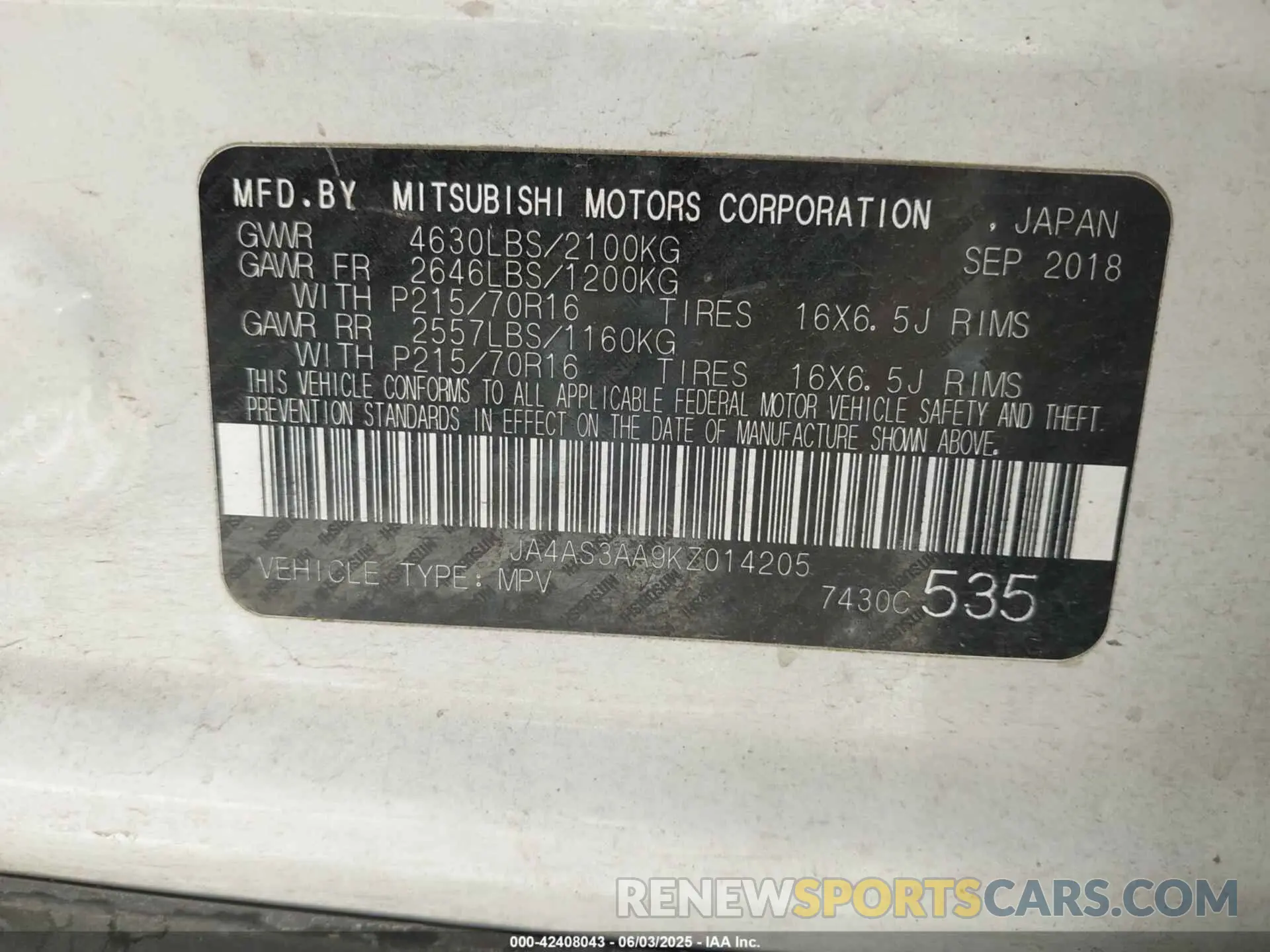 9 Photograph of a damaged car JA4AS3AA9KZ014205 MITSUBISHI ECLIPSE CROSS 2019