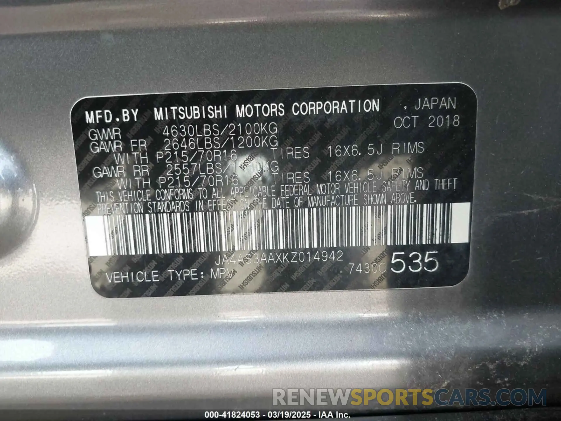 9 Photograph of a damaged car JA4AS3AAXKZ014942 MITSUBISHI ECLIPSE CROSS 2019