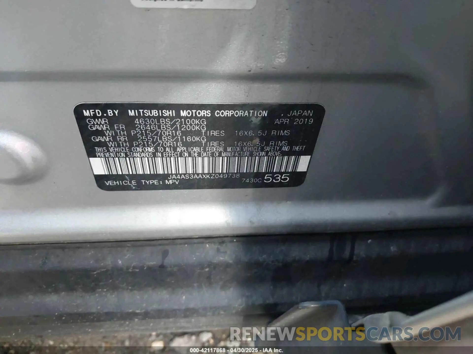 9 Photograph of a damaged car JA4AS3AAXKZ049738 MITSUBISHI ECLIPSE CROSS 2019