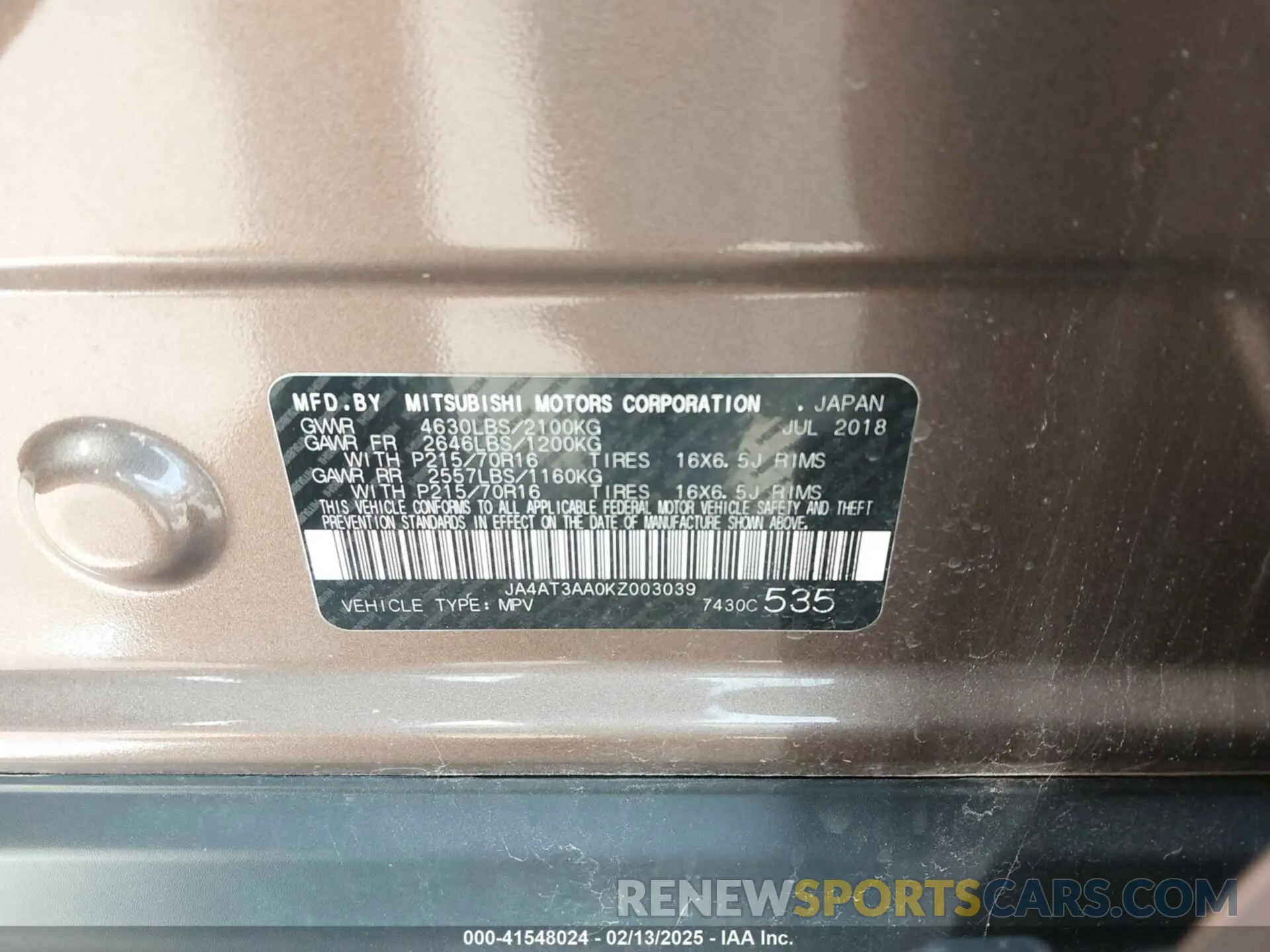 9 Photograph of a damaged car JA4AT3AA0KZ003039 MITSUBISHI ECLIPSE CROSS 2019