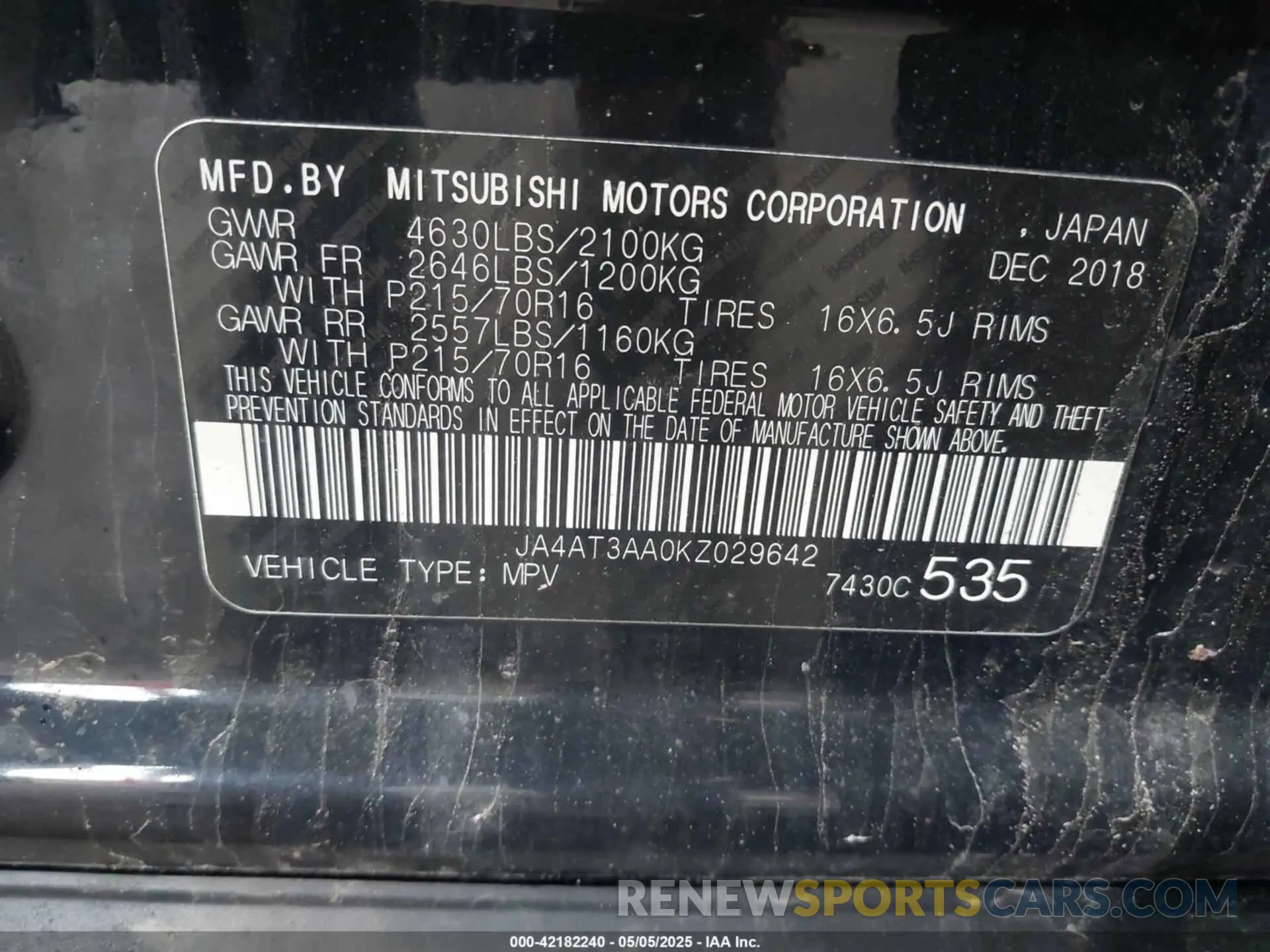 9 Photograph of a damaged car JA4AT3AA0KZ029642 MITSUBISHI ECLIPSE CROSS 2019