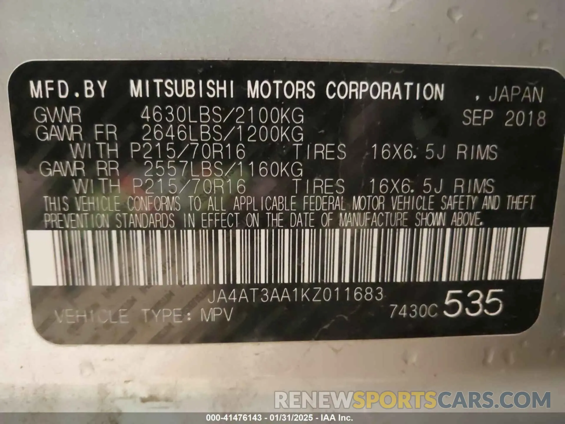 9 Photograph of a damaged car JA4AT3AA1KZ011683 MITSUBISHI ECLIPSE CROSS 2019
