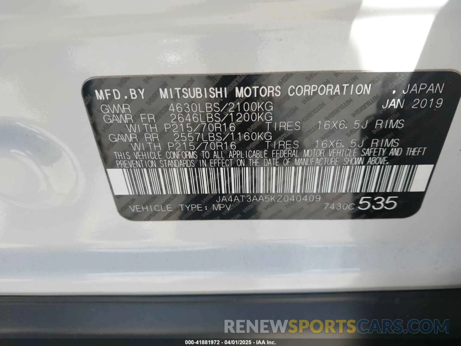 9 Photograph of a damaged car JA4AT3AA5KZ040409 MITSUBISHI ECLIPSE CROSS 2019