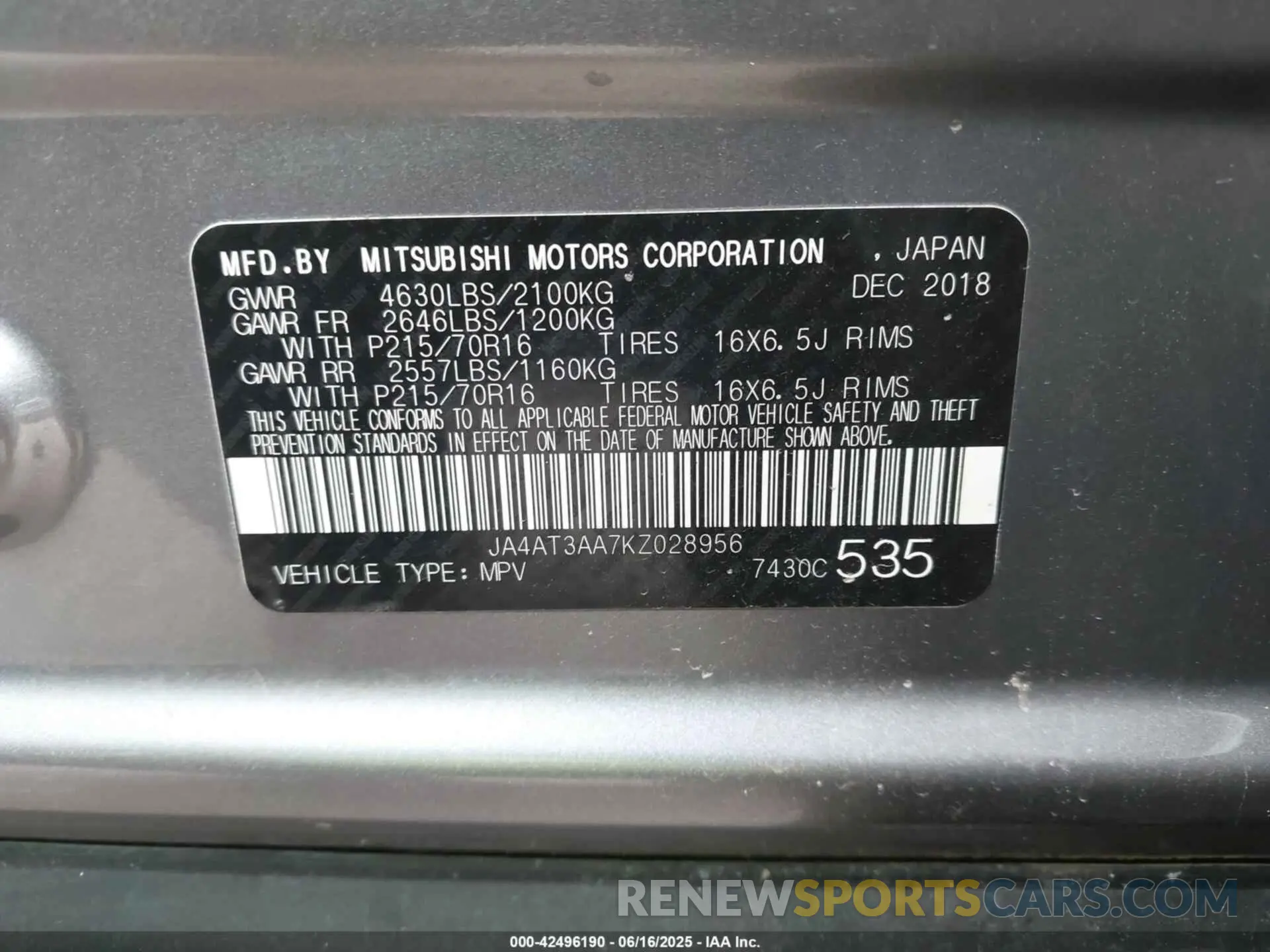 9 Photograph of a damaged car JA4AT3AA7KZ028956 MITSUBISHI ECLIPSE CROSS 2019